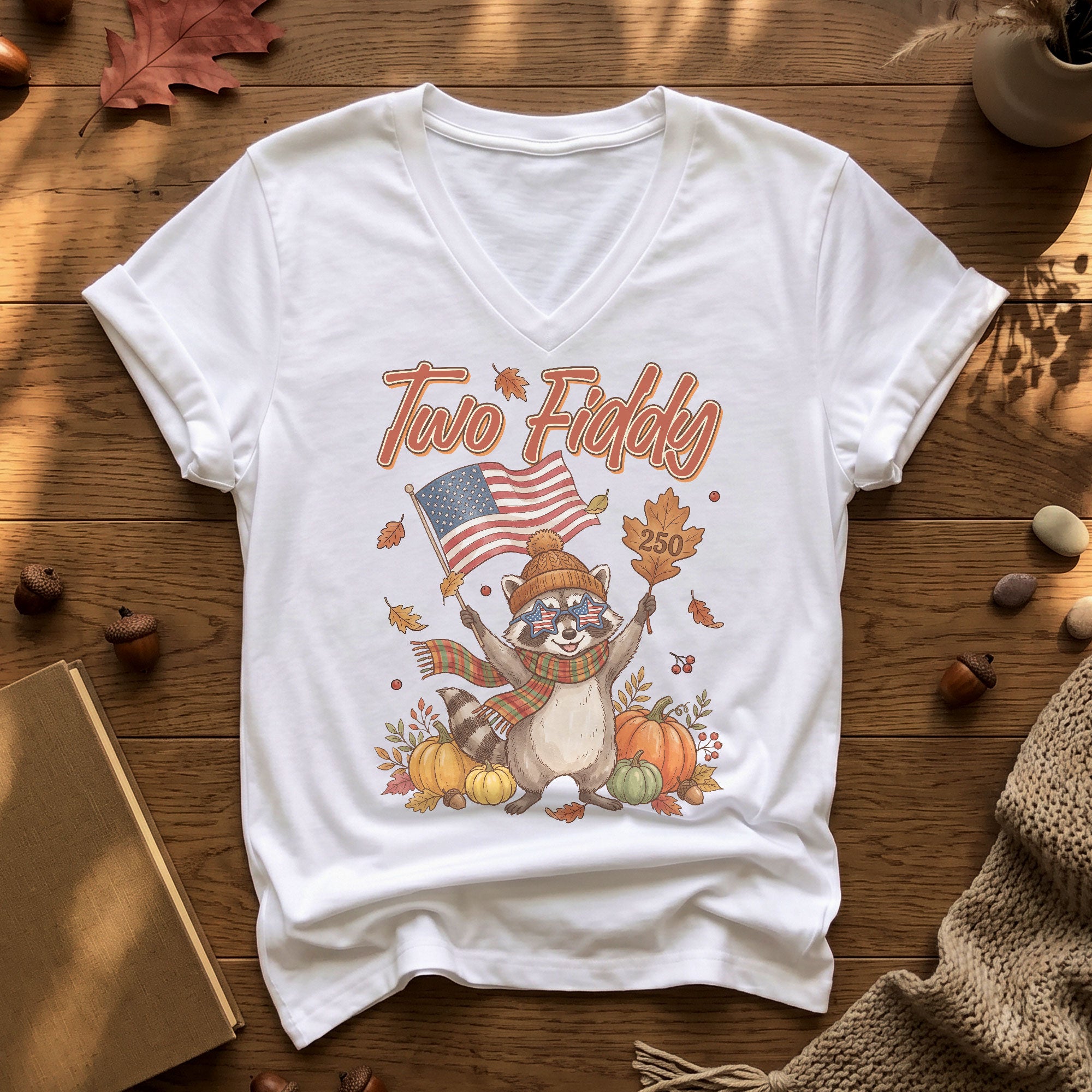 Two Fiddy Patriotic Raccoon V-Neck Graphic T-Shirt Fall Autumn Women's Casual Top
