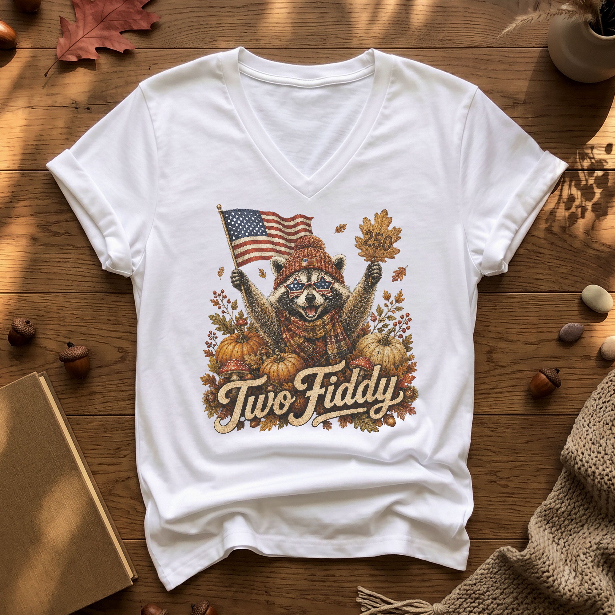 Autumn Seasonal Two Fiddy Graphic V-Neck Tee USA Flag Raccoon Women's Casual Style Shirt