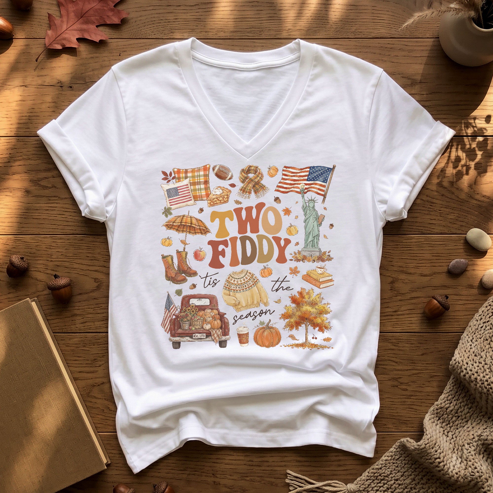 Two Fiddy Patriotic Autumn Graphic V-Neck T-Shirt Seasonal Women's Casual Style Shirt