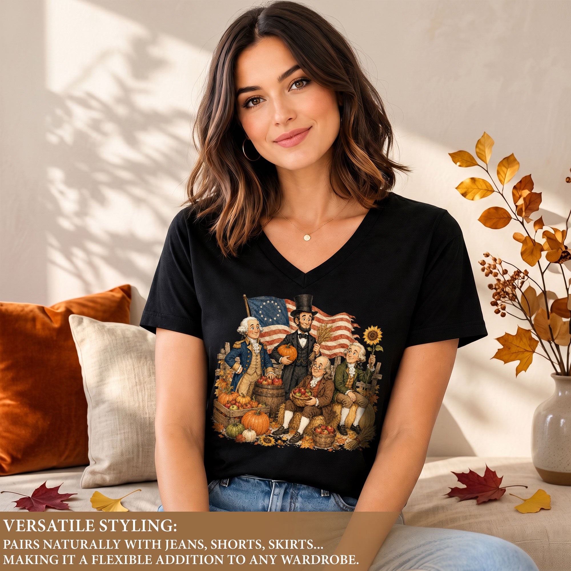 Patriotic Fall V-Neck Shirt Women Cute Presidents Harvest Pumpkin Autumn Graphic Tee
