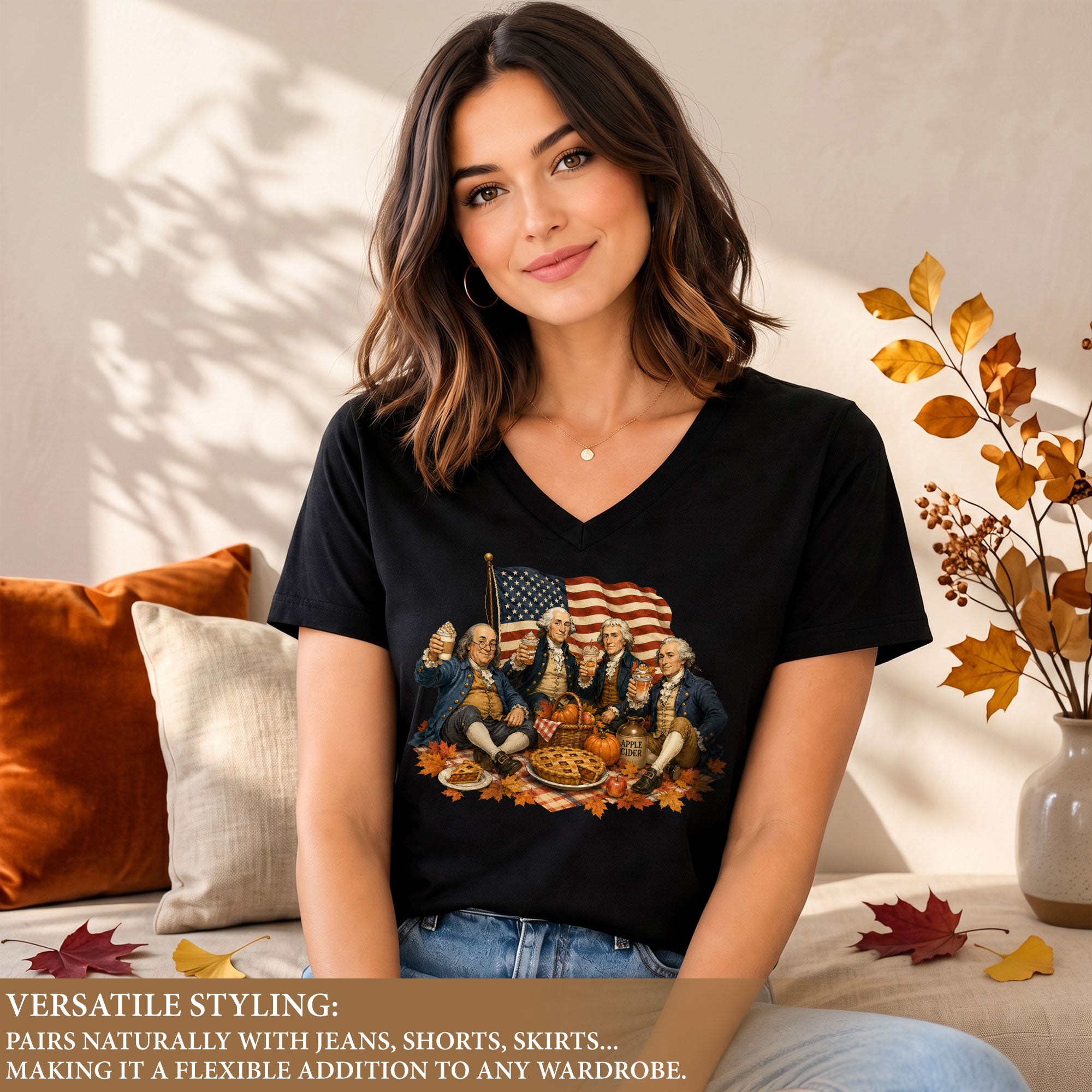 Patriotic Fall V-Neck Shirt Women Cute Founding Fathers Picnic Pumpkin Pie Graphic Tee