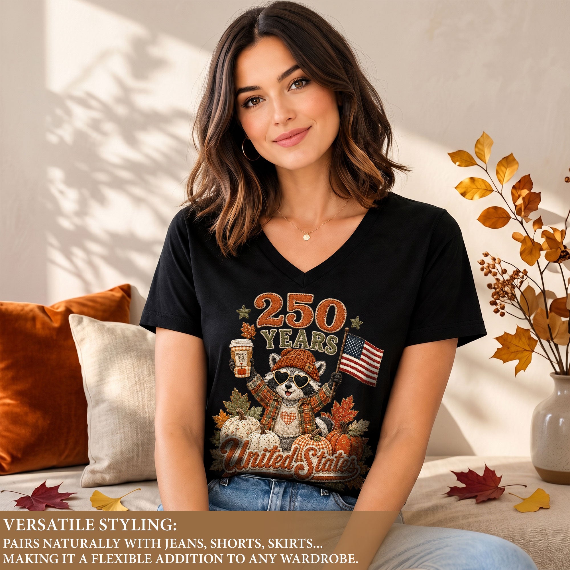 Cute Raccoon Fall V-Neck Shirt Women Spooky Pumpkin Spice Latte Patriotic United States