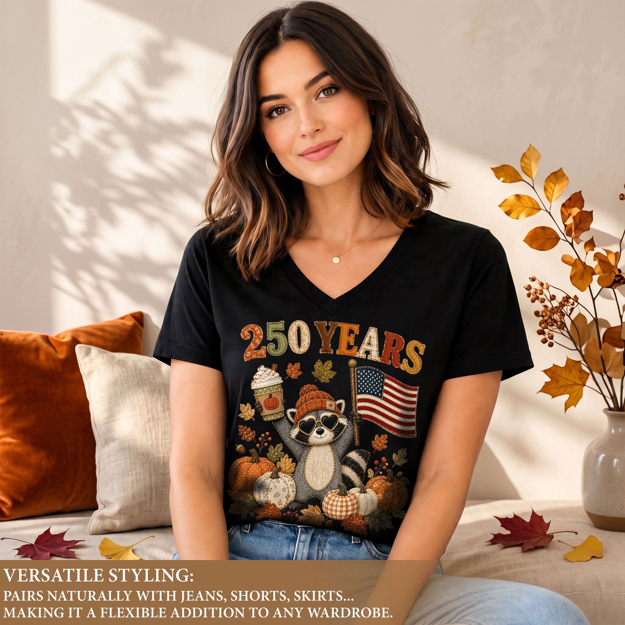 Cute Raccoon Fall V-Neck Shirt Women Pumpkin Spice Latte Patriotic American Flag Tee