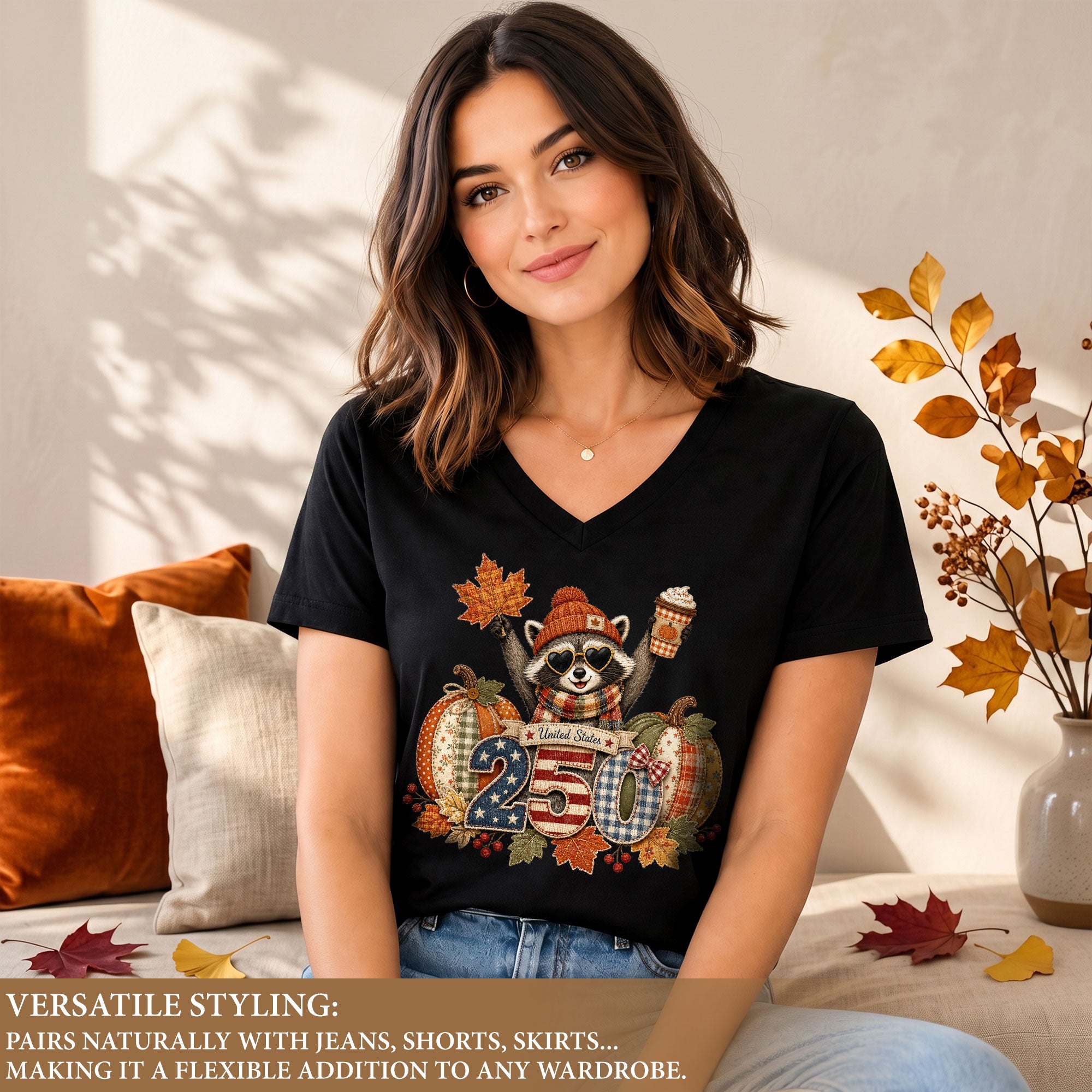 Patriotic Raccoon Fall V-Neck Shirt Women Cute Country Pumpkin Autumn Flag Graphic Tee