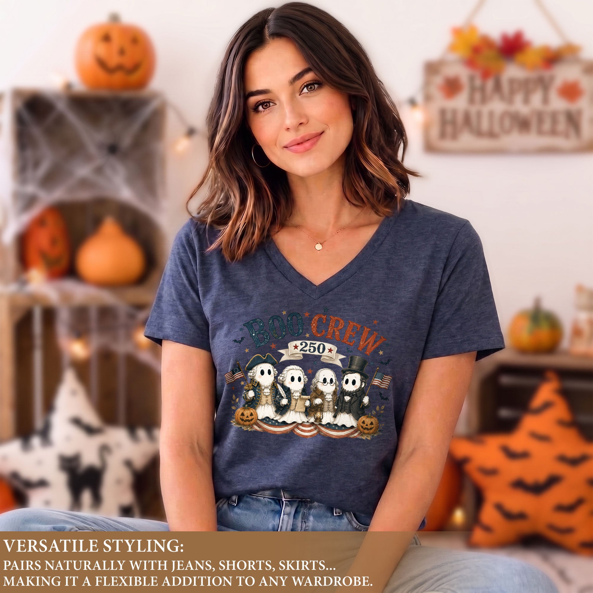 One Boo At A Time Halloween V-Neck Shirt Women Cute Patriotic Pirate Ghost Ship Tee