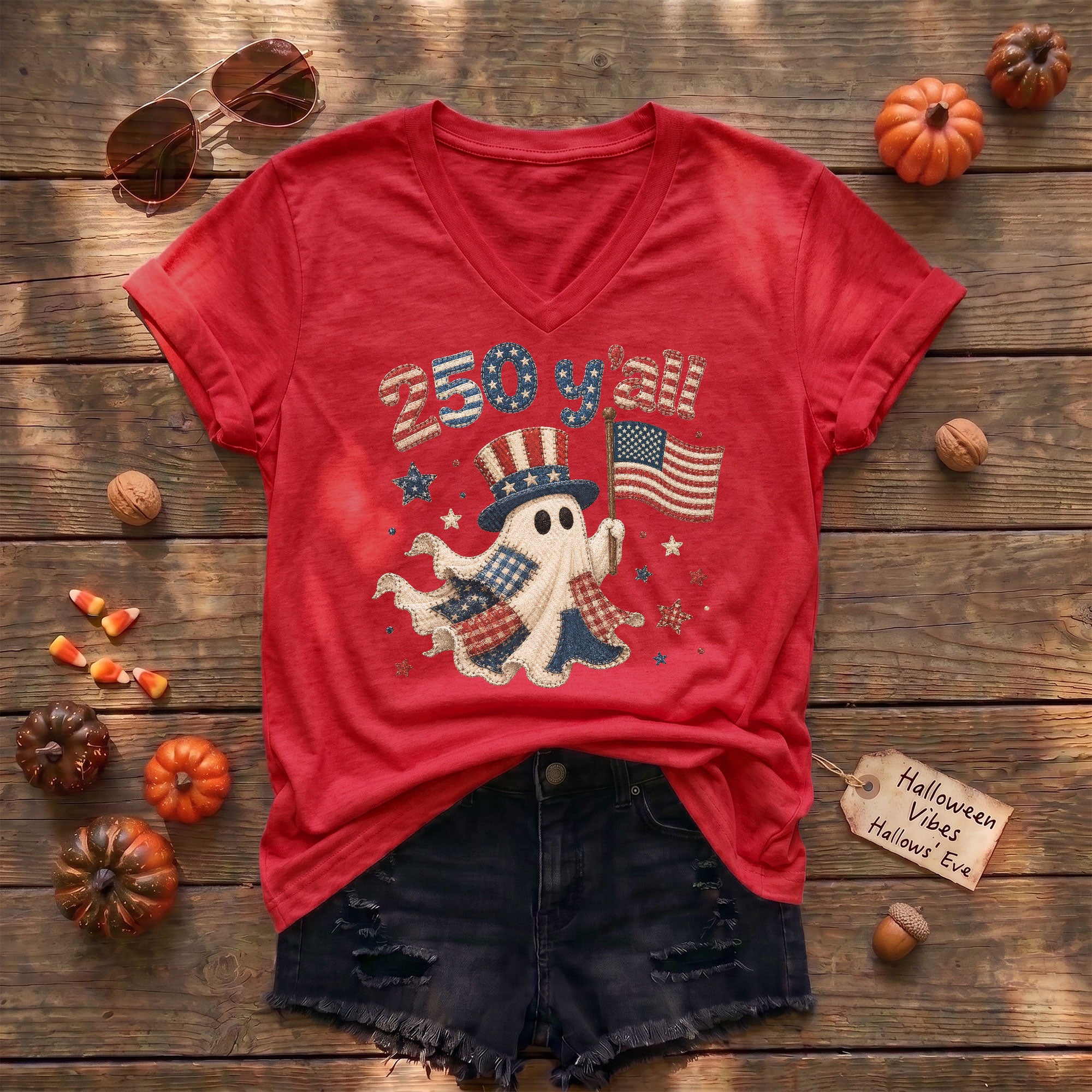 Patriotic Ghost Halloween V-Neck Shirt Women Cute Southern Y'all Uncle Sam Hat Tee