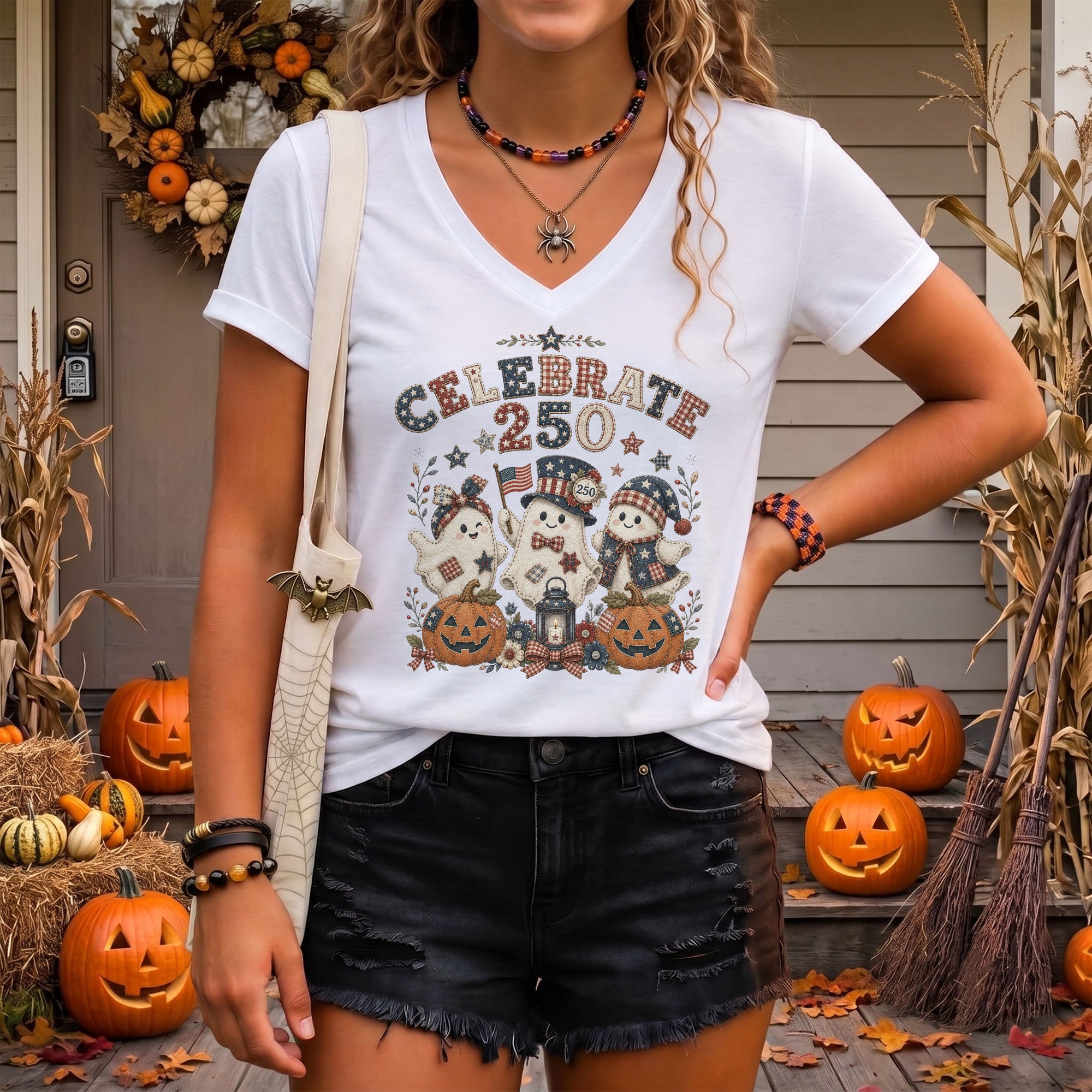 Patriotic Ghost Halloween V-Neck Shirt Women Cute Spooky Celebrate Party Graphic Tee