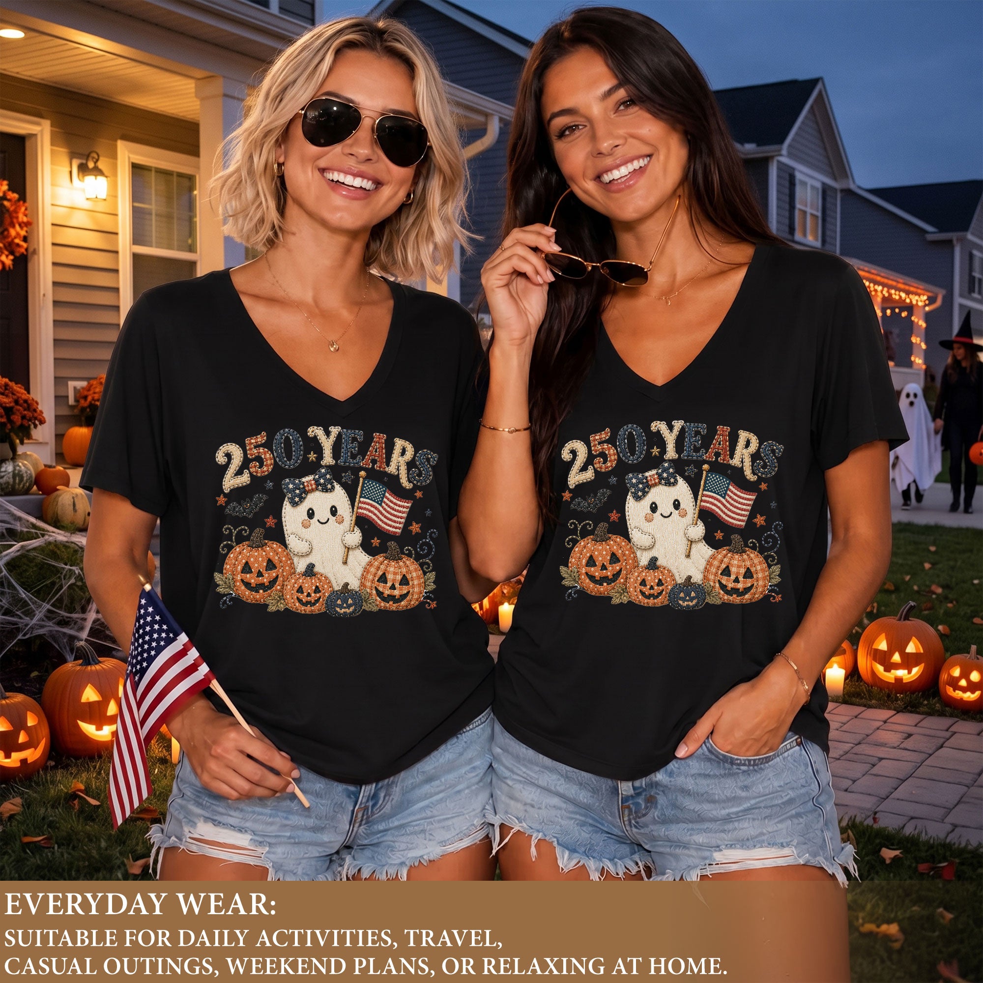 Cute Patriotic Ghost Halloween V-Neck Shirt Women Spooky Pumpkin Flag Graphic Tee