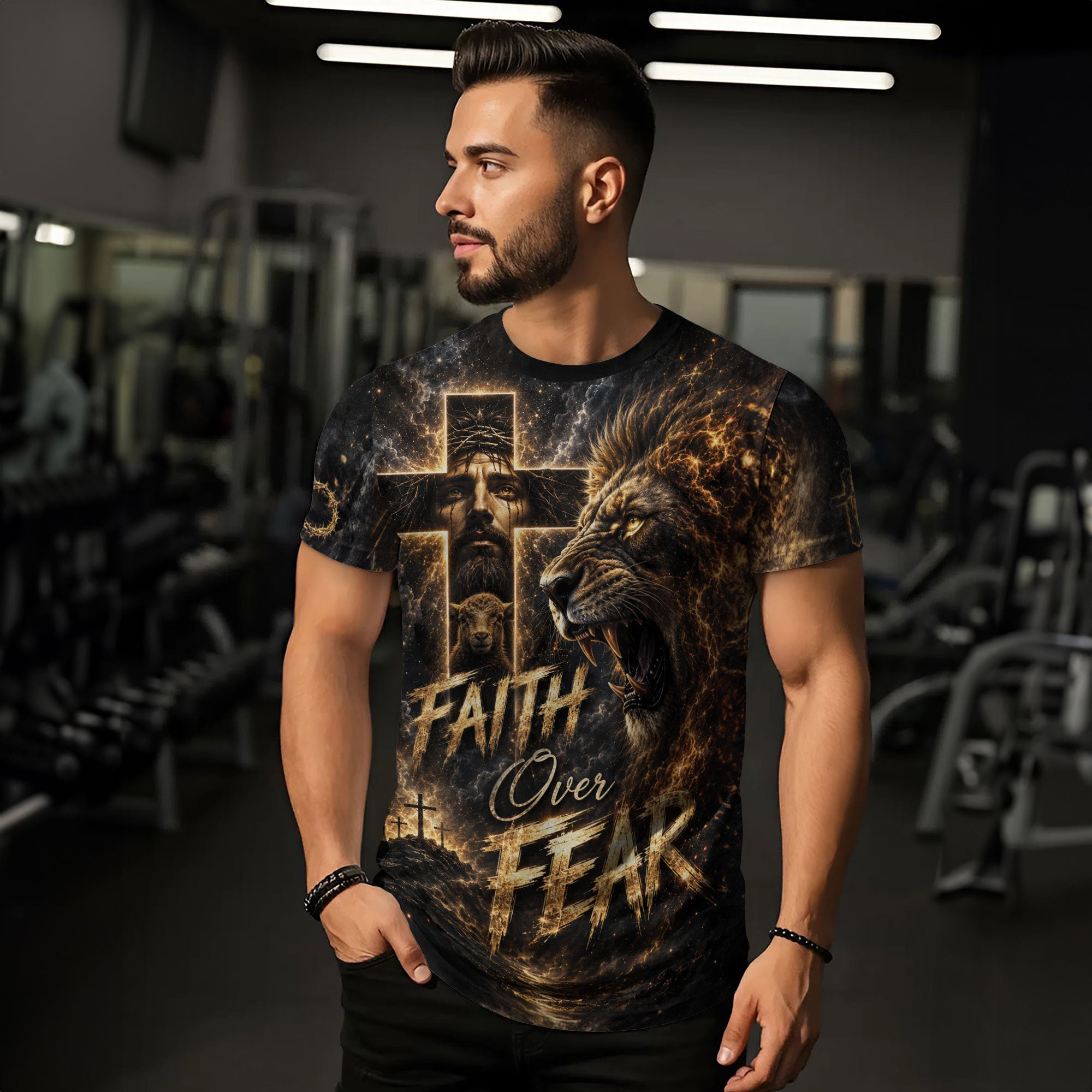 Faith Over Fear Jesus Lion Cross 3D Graphic Christian T Shirt Apparel Men Clothing