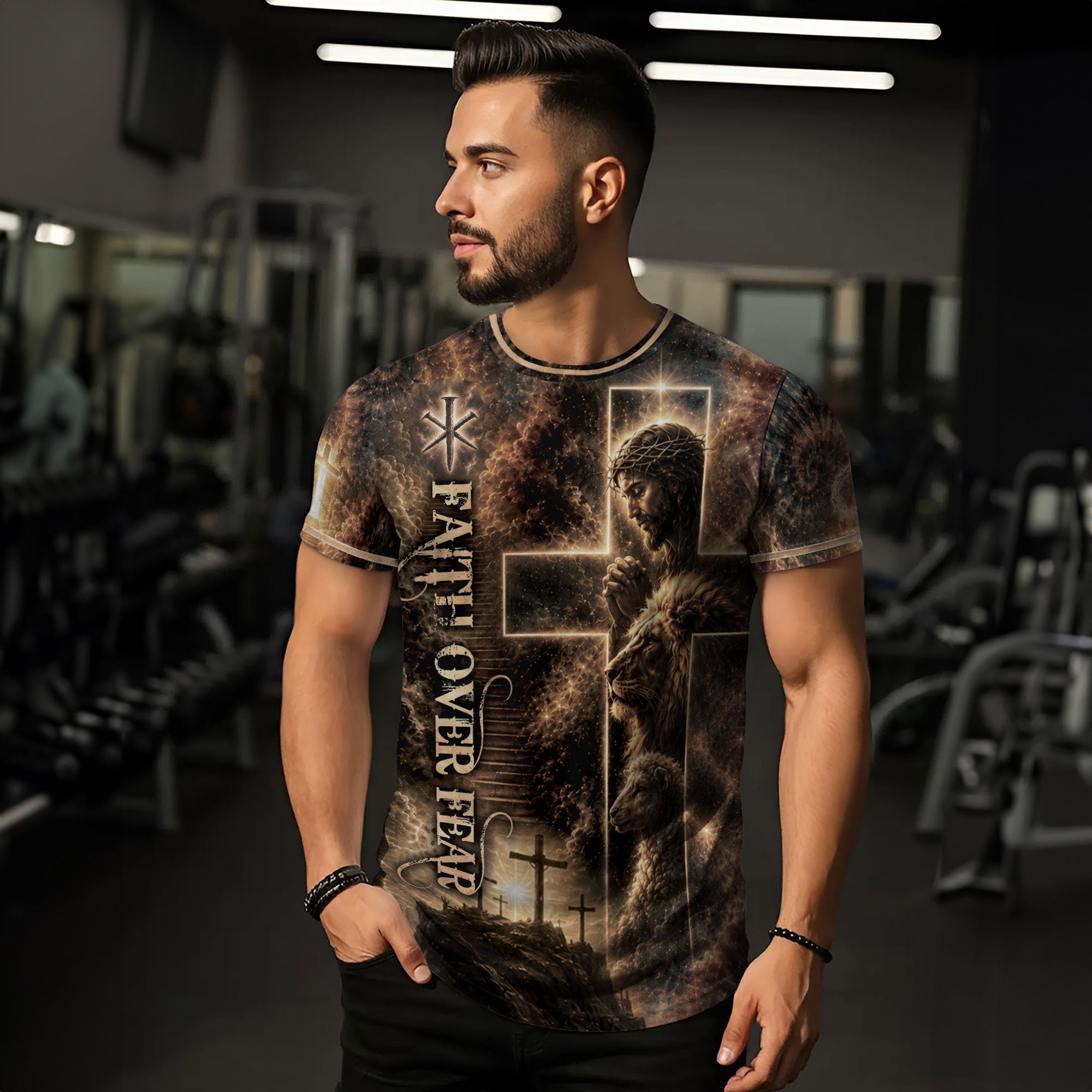 Jesus Lion Cross Faith Over Fear 3D Graphic Christian T Shirt Apparel Men Clothing
