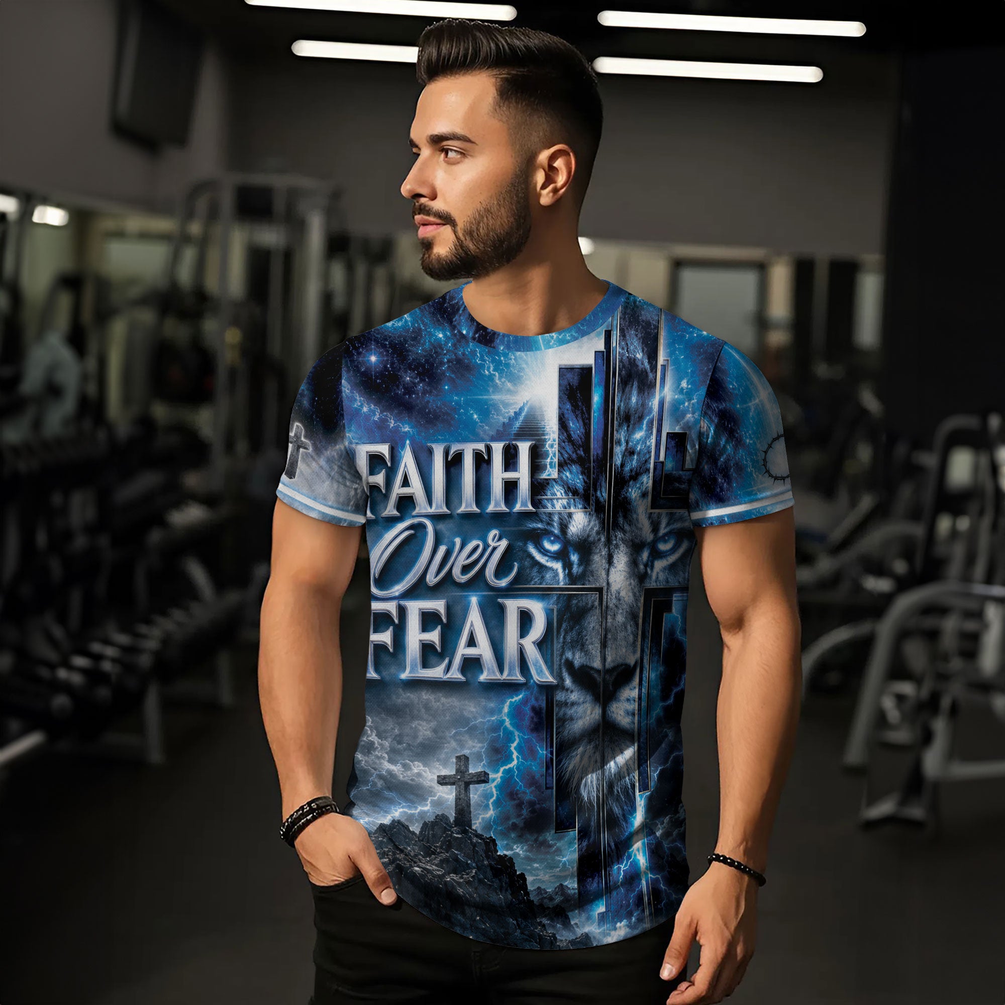 Faith Over Fear Lightning Lion Cross 3D Graphic Christian T Shirt Apparel Men Clothing