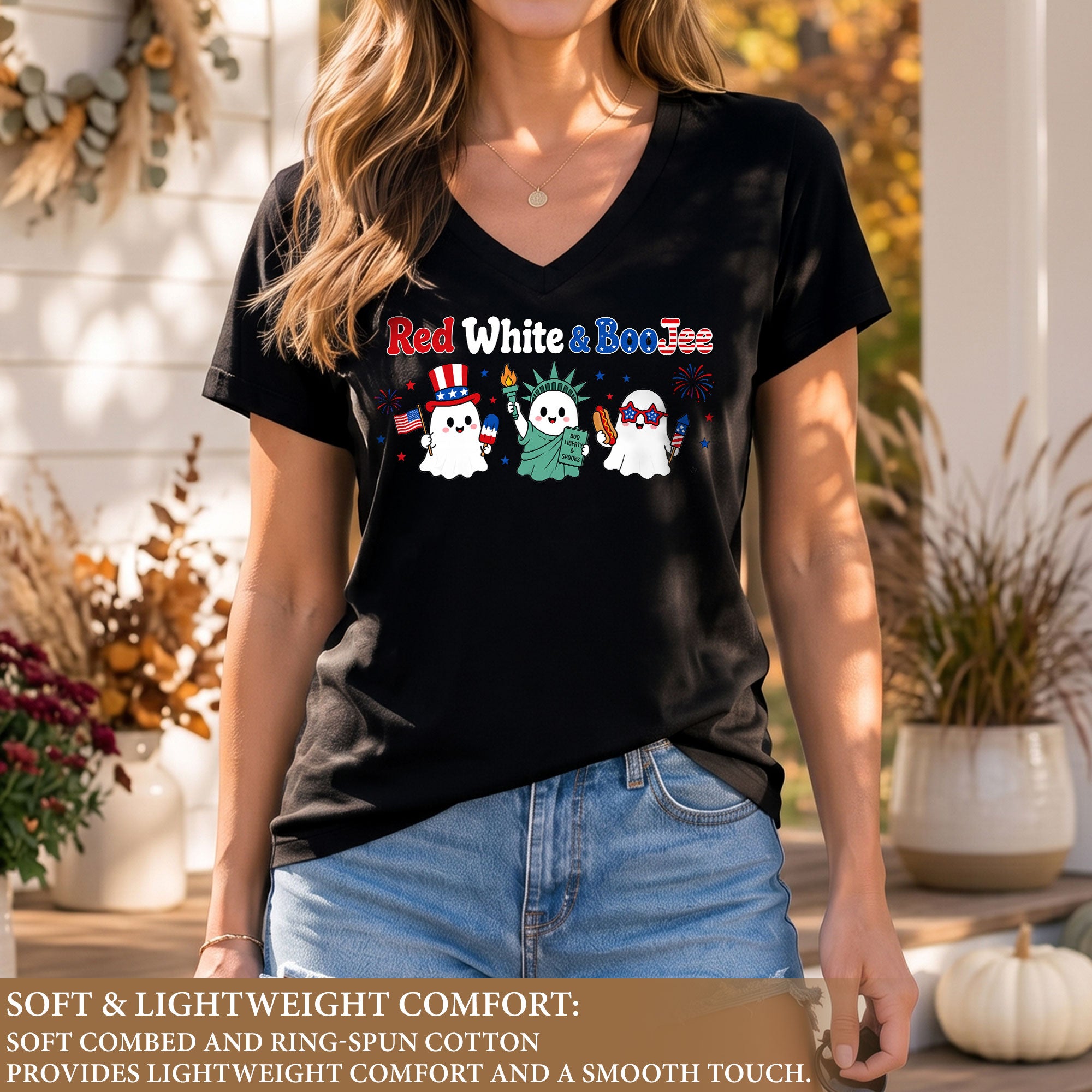Red White And BooJee V Neck Shirt Cute Patriotic Ghost Women Graphic Tee