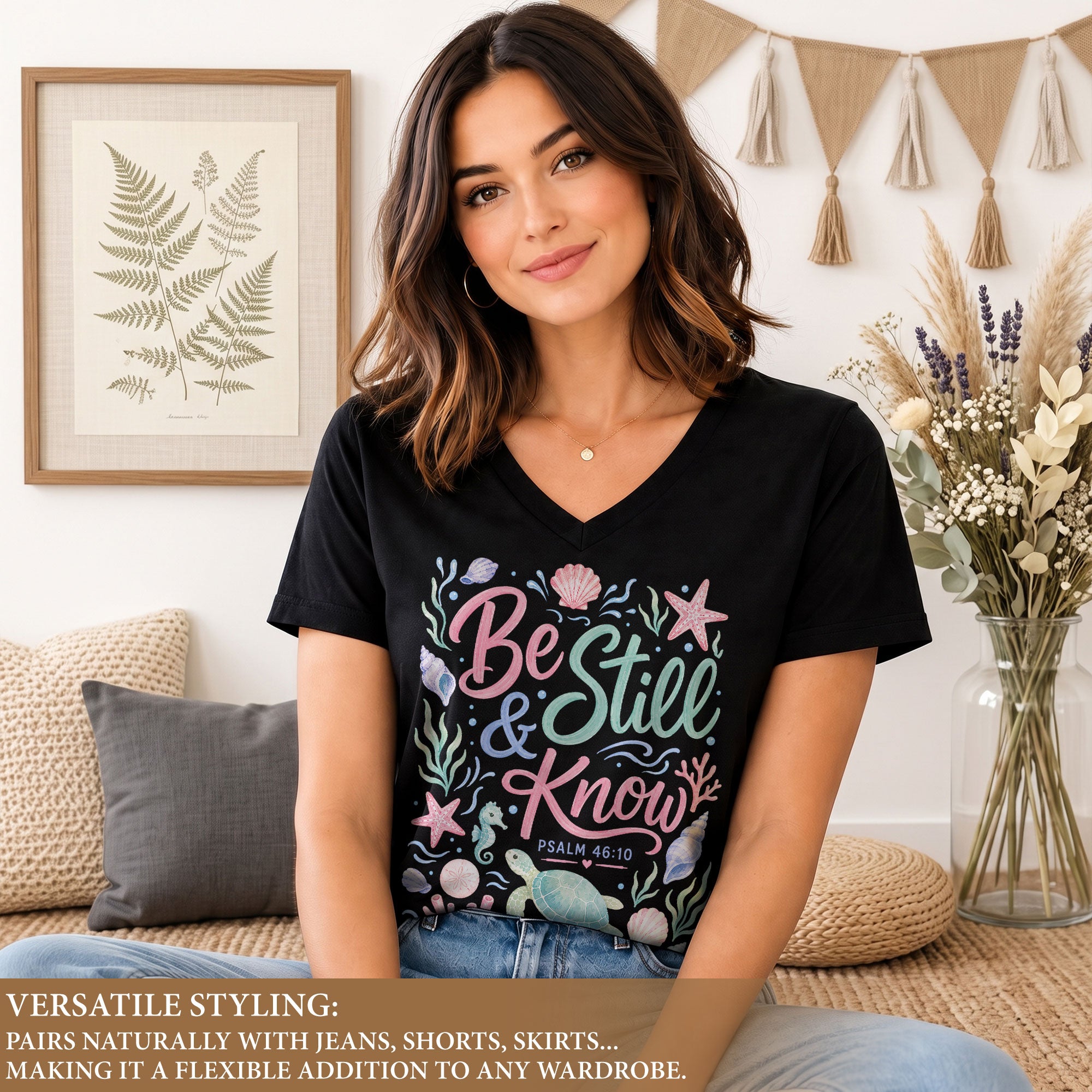 Be Still And Know Sea Turtle Ocean Psalm 46 10 Graphic Christian V Neck Shirt Women