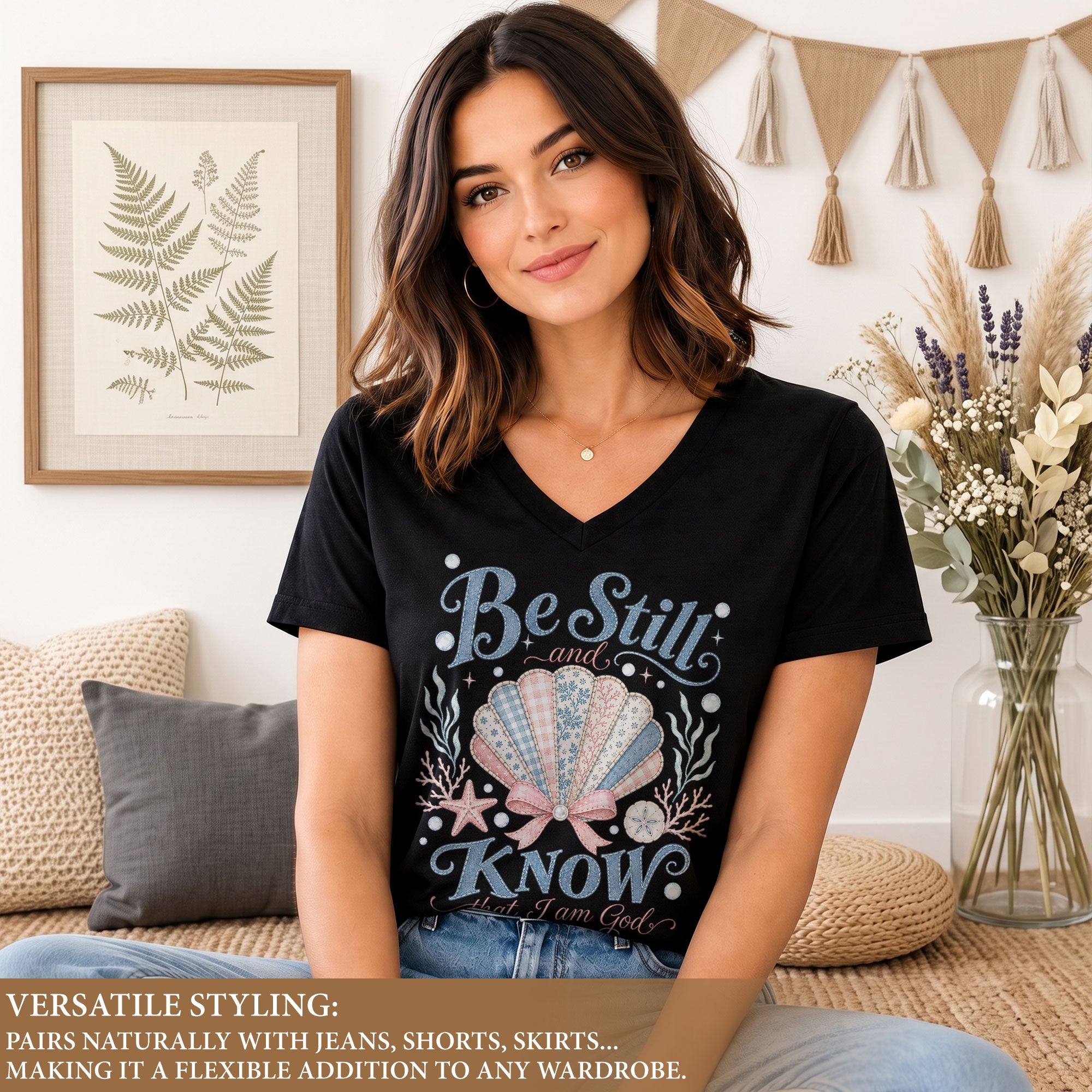 Be Still And Know That I Am God Seashell Psalm 46 10 Christian V Neck Shirt Women