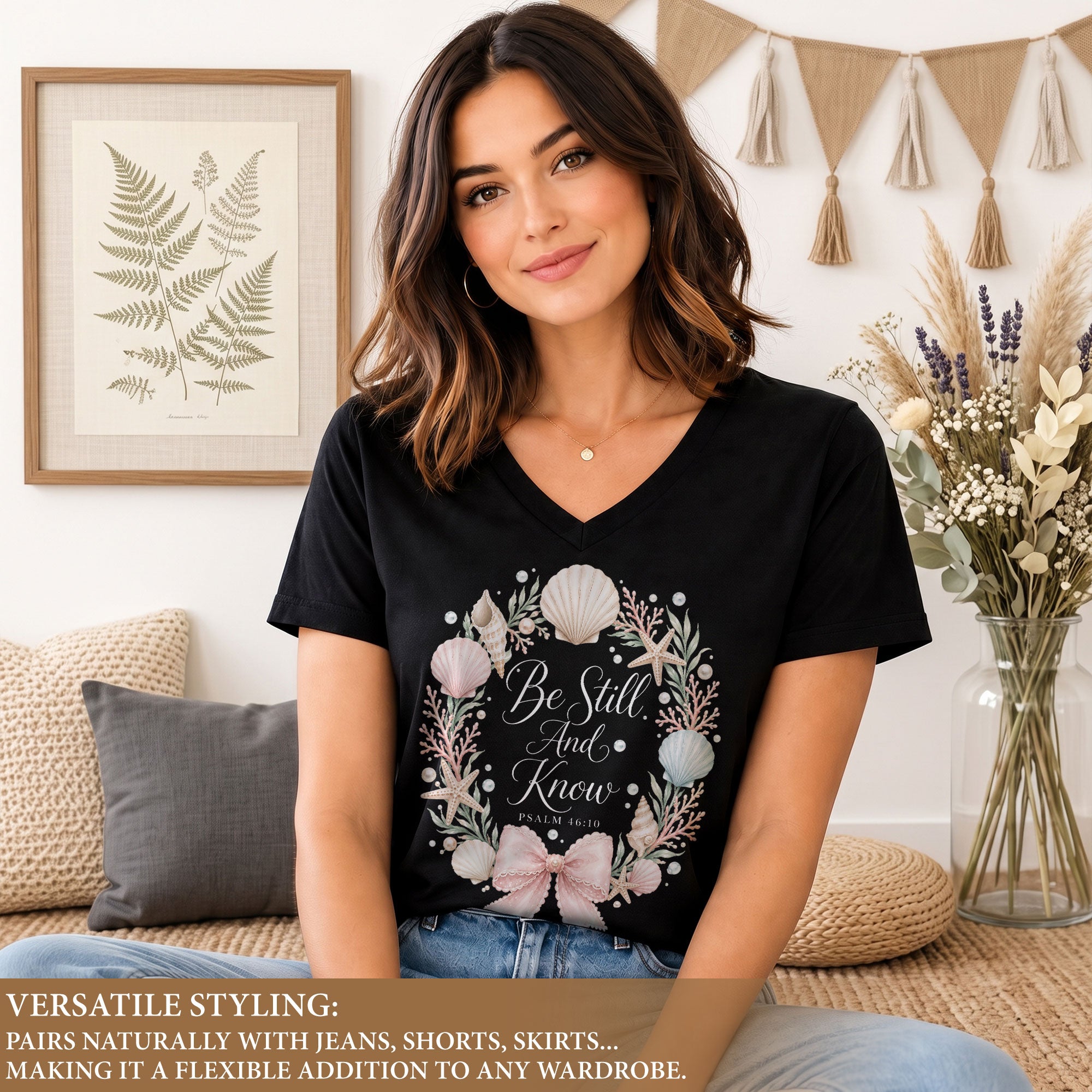 Be Still And Know Seashell Floral Wreath Psalm 46 10 Christian V Neck Shirt Women