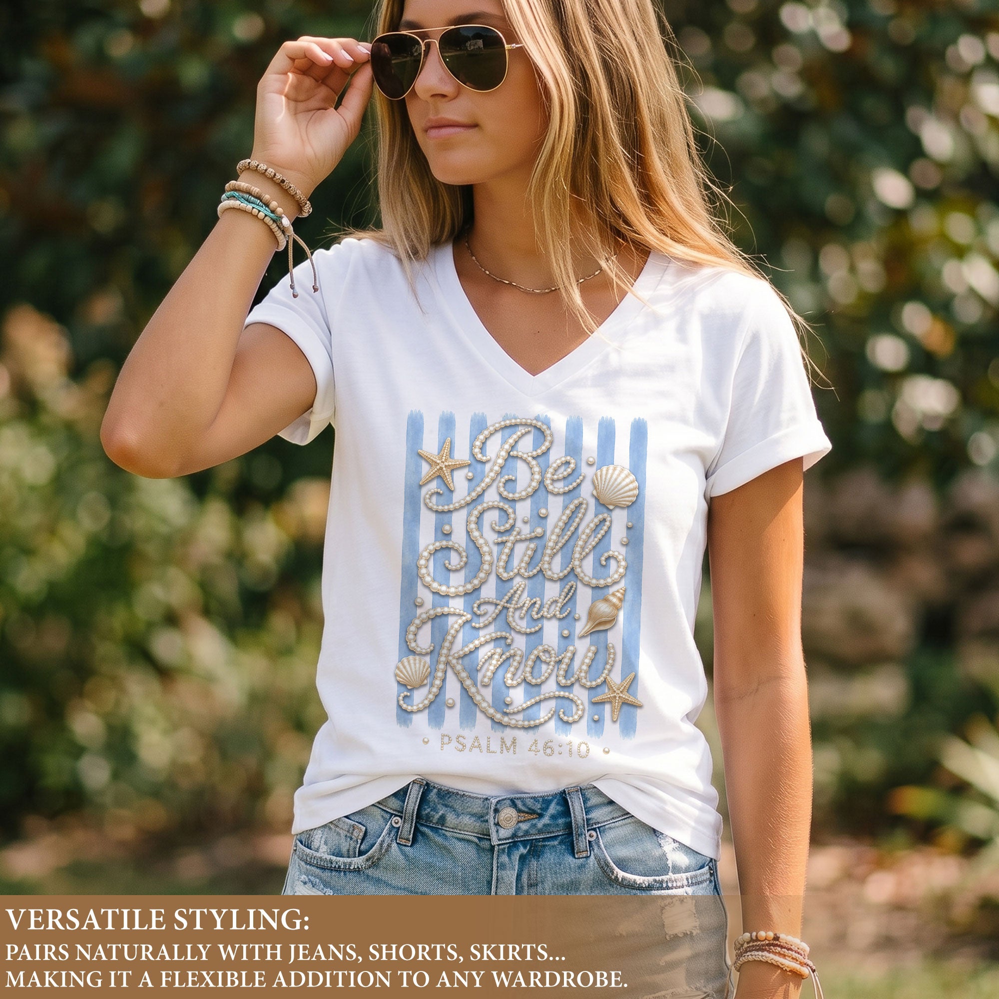 Be Still And Know Pearl Stripes Seashells Psalm 46 10 Christian V Neck Shirt Women