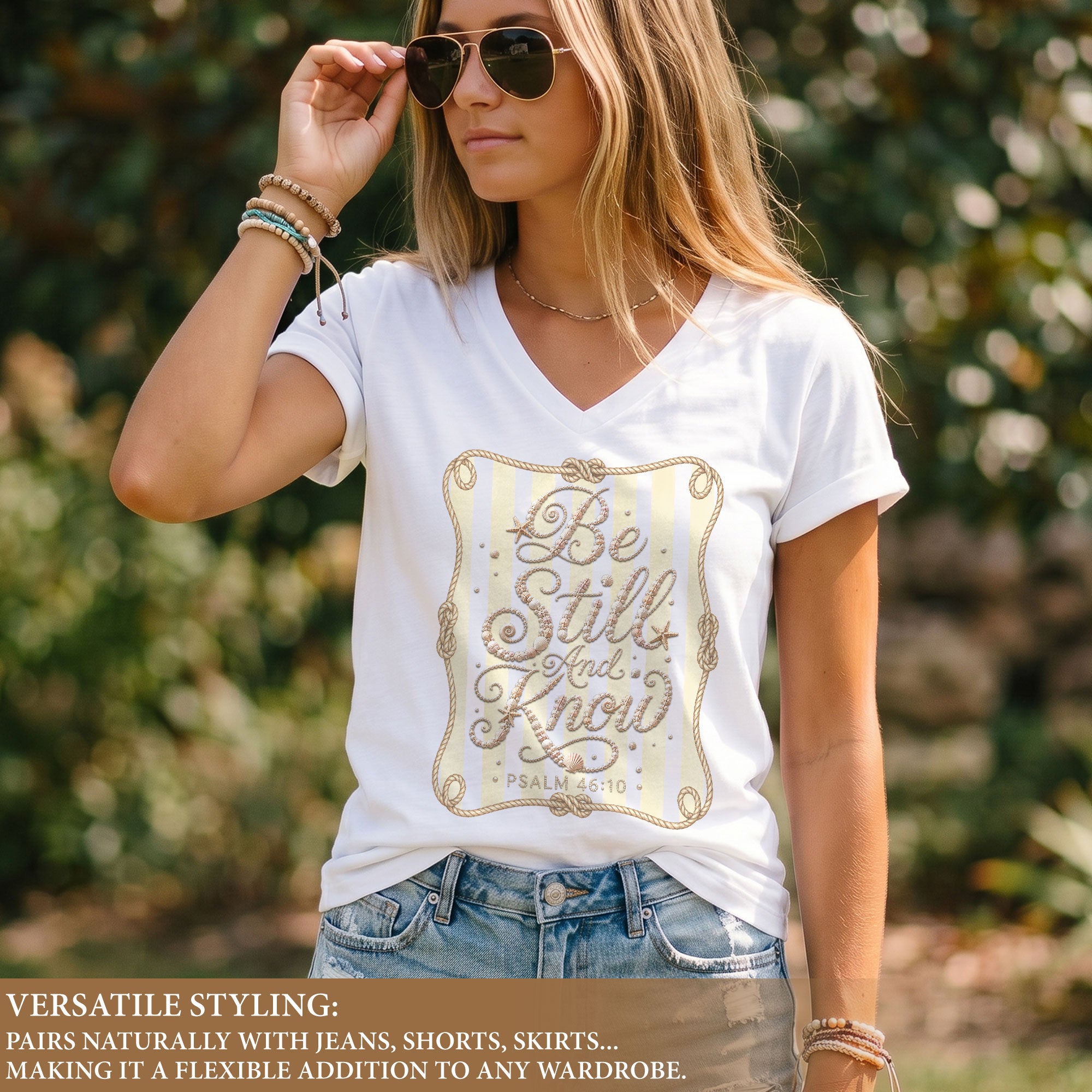 Be Still And Know Seashell Rope Stripes Psalm 46 10 Christian V Neck Shirt Women