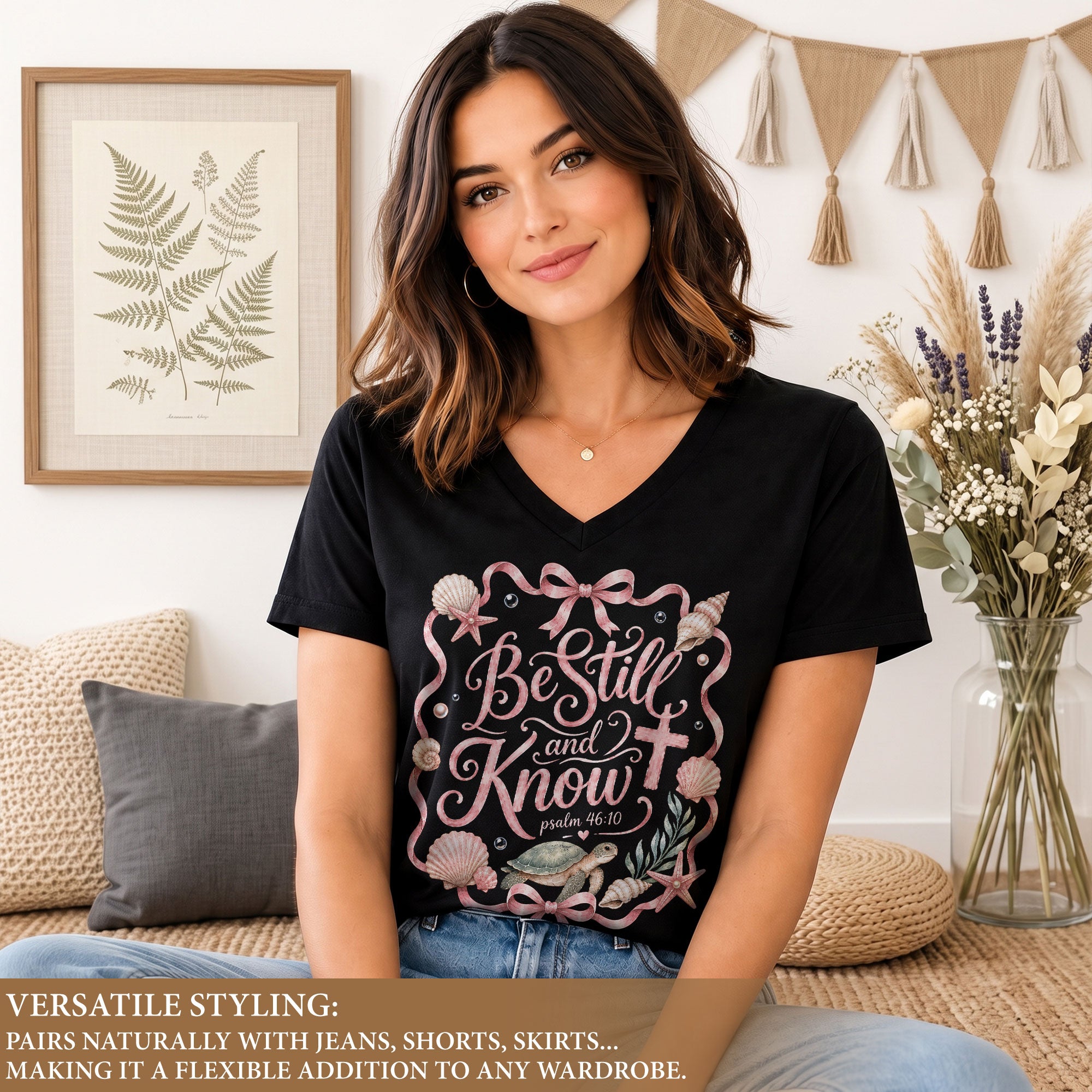 Be Still And Know Sea Turtle Ribbon Cross Psalm 46 10 Christian V Neck Shirt Women