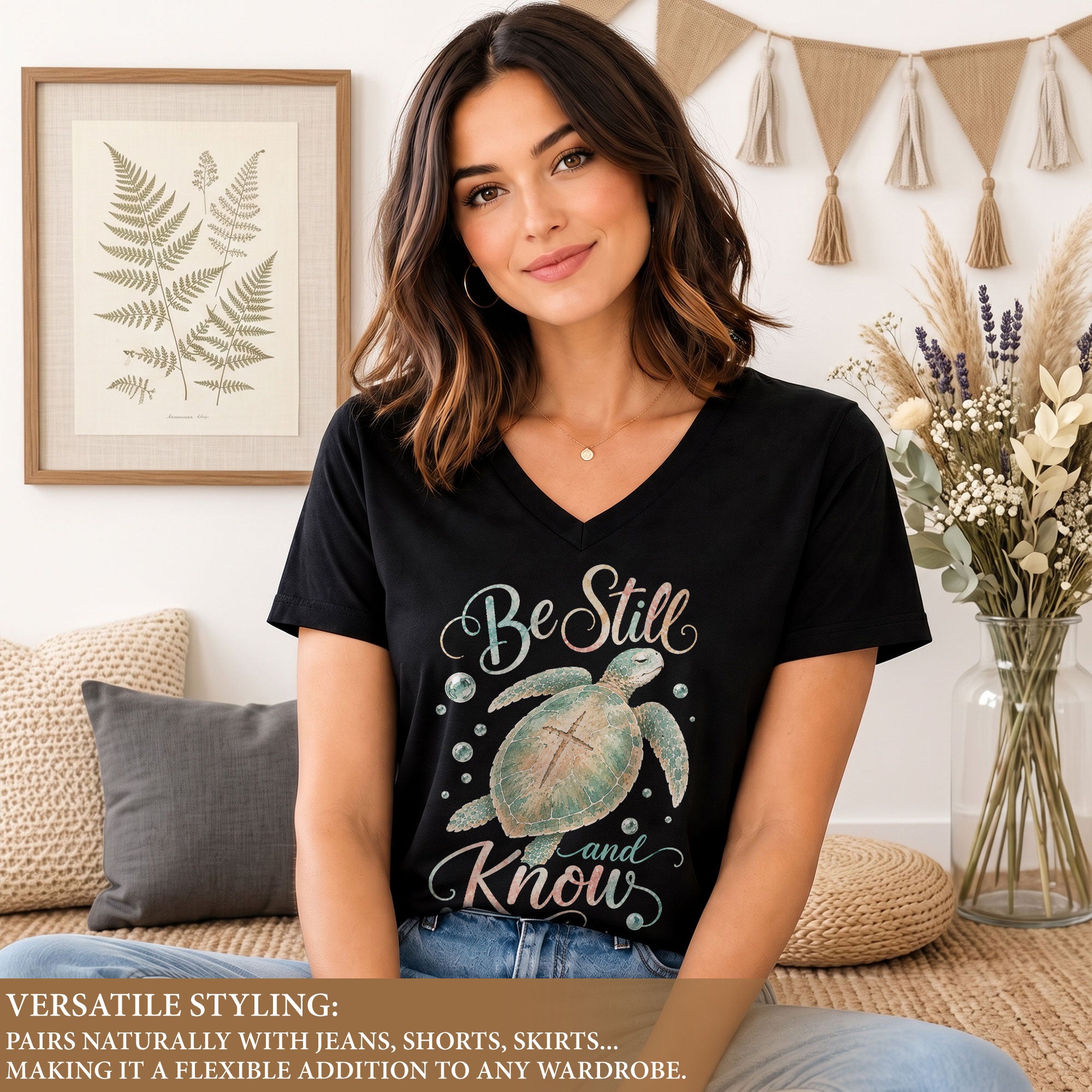 Be Still And Know Sea Turtle Cross Shell Psalm 46 10 Christian V Neck Shirt Women