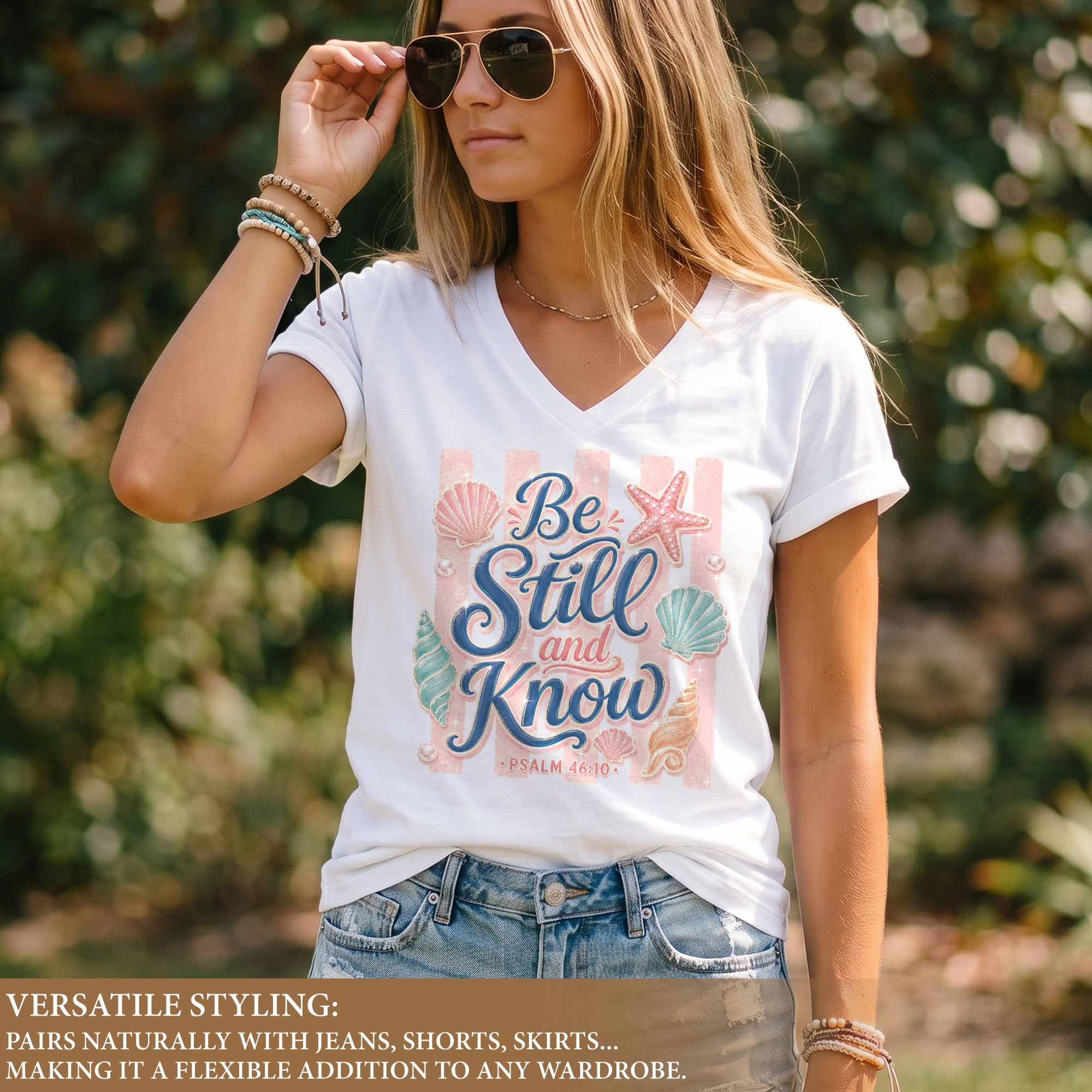 Be Still And Know Pink Stripes Seashells Psalm 46 10 Christian V Neck Shirt Women