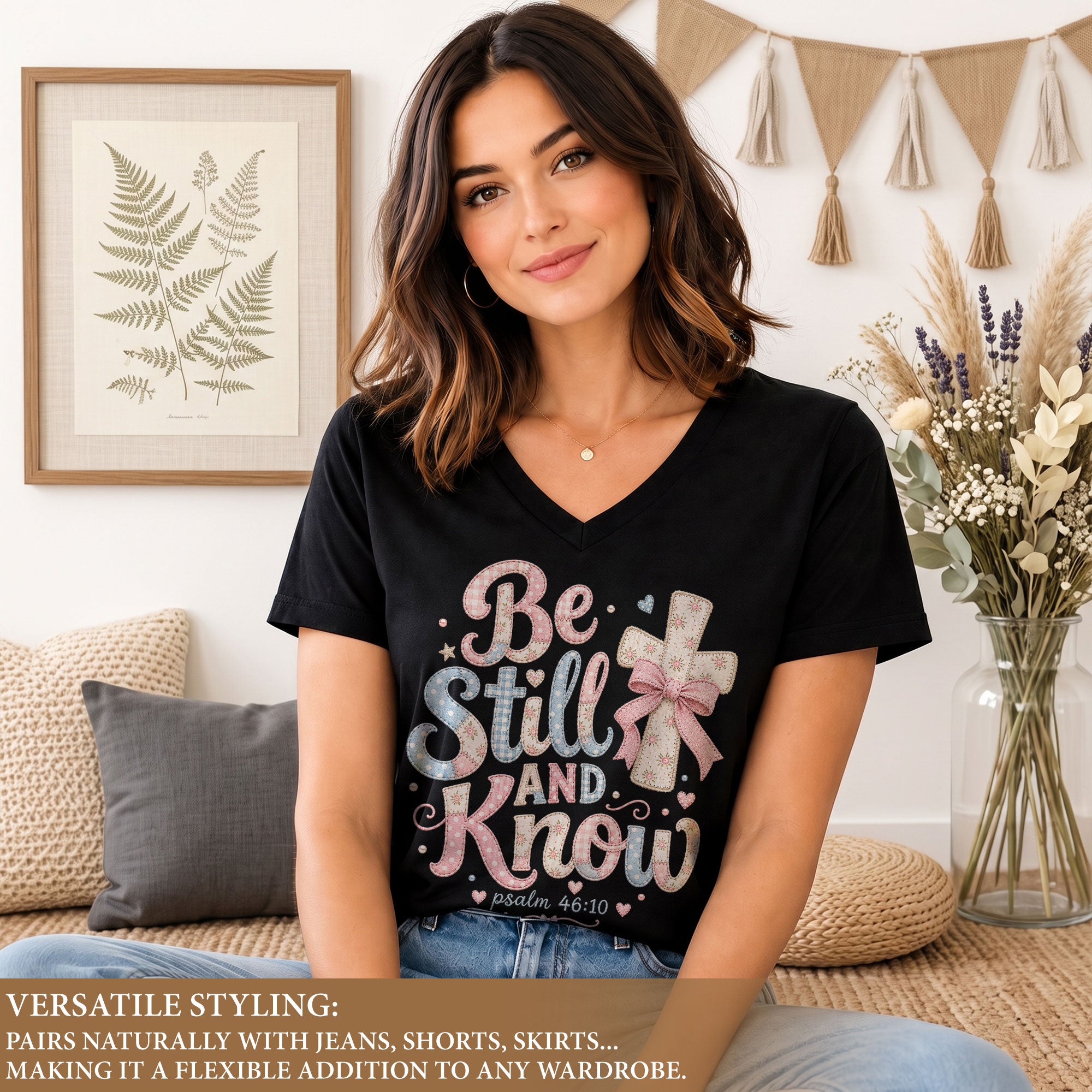 Be Still And Know Pastel Patchwork Cross Psalm 46 10 Christian V Neck Shirt Women