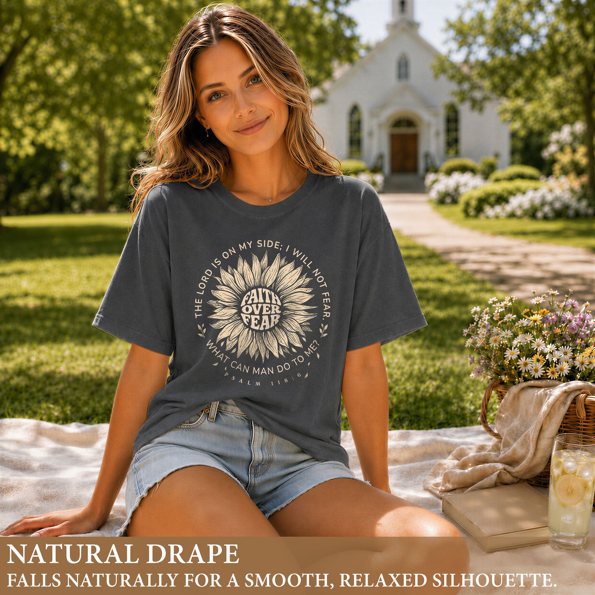 Faith Over Fear Sunflower Christian Women Shirt Inspirational Psalm Scripture Graphic Tee