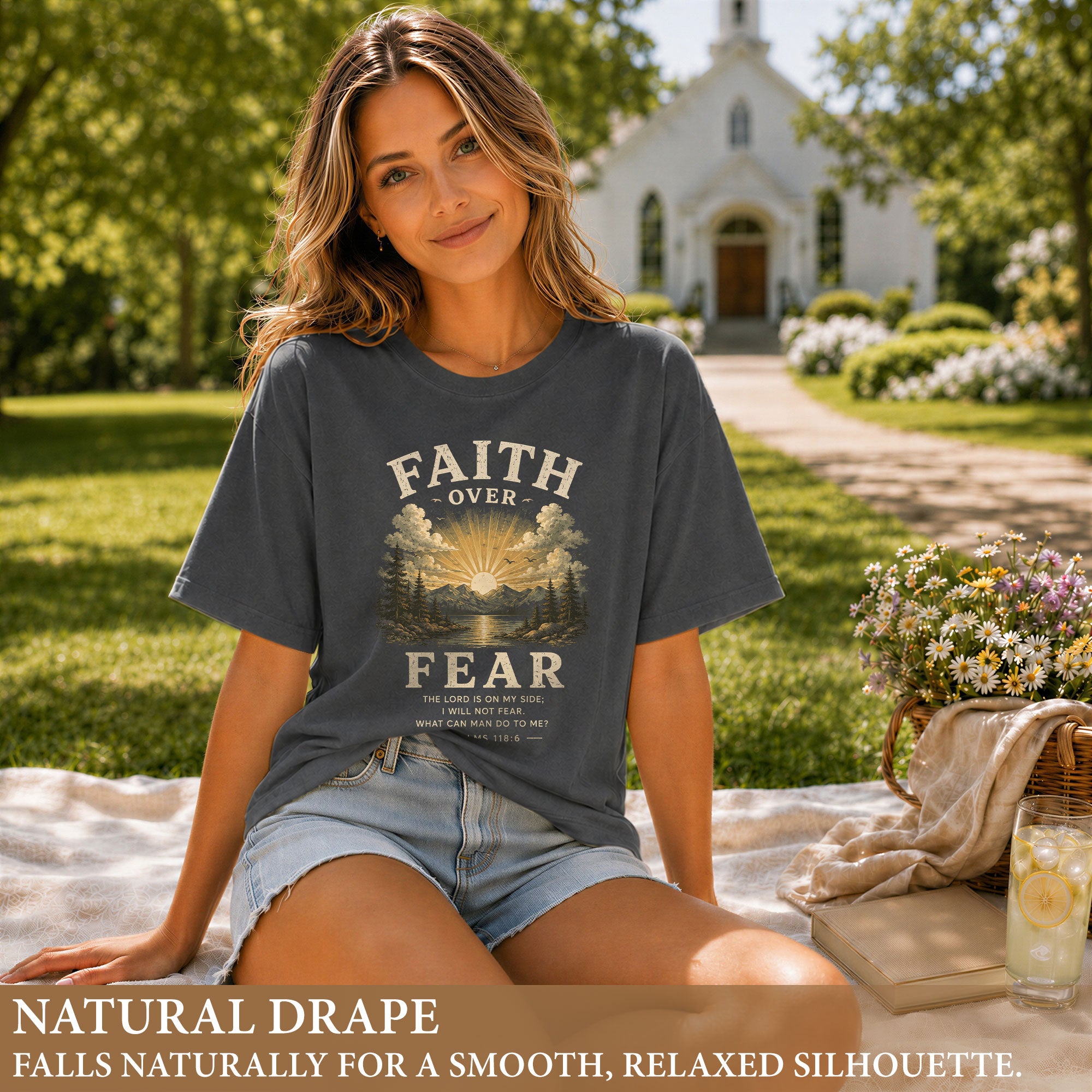 Faith Over Fear Christian Women Shirt Vintage Mountain Sunset Bible Verse T-Shirt