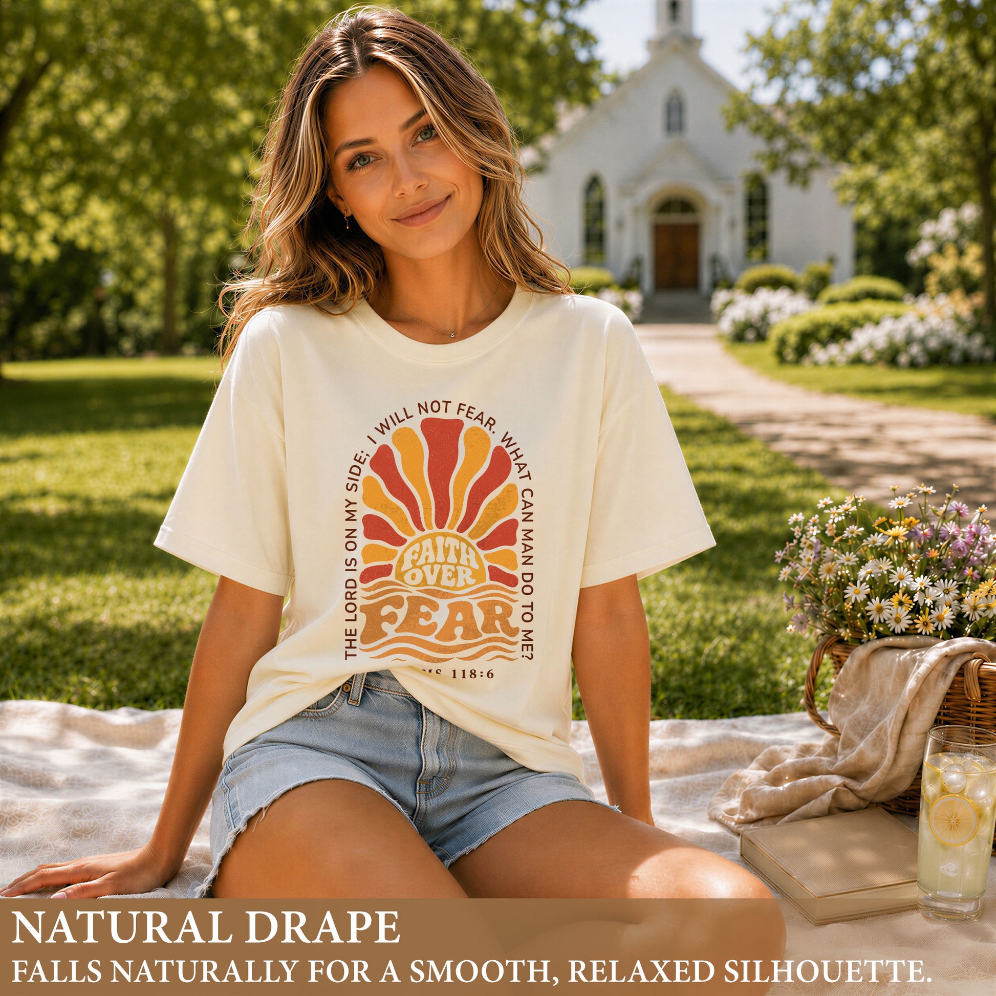 Faith Over Fear Christian Shirt Retro Sunburst Bible Verse Women T-Shirt Tee Gift - Rust Field Wear
