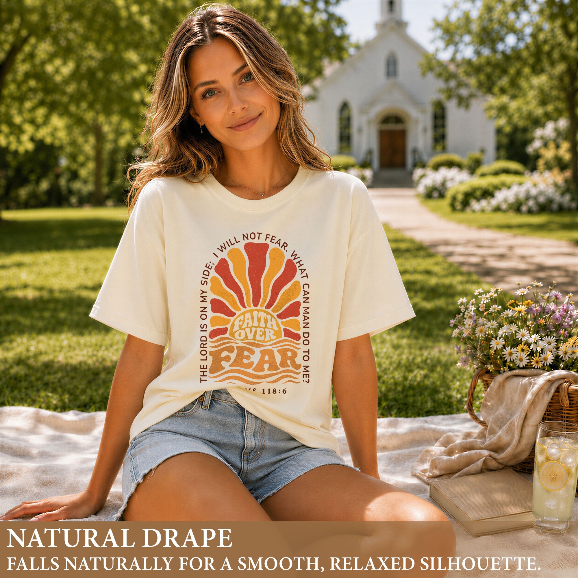 Faith Over Fear Christian Shirt Retro Sunburst Bible Verse Women T-Shirt Tee Gift - Rust Field Wear