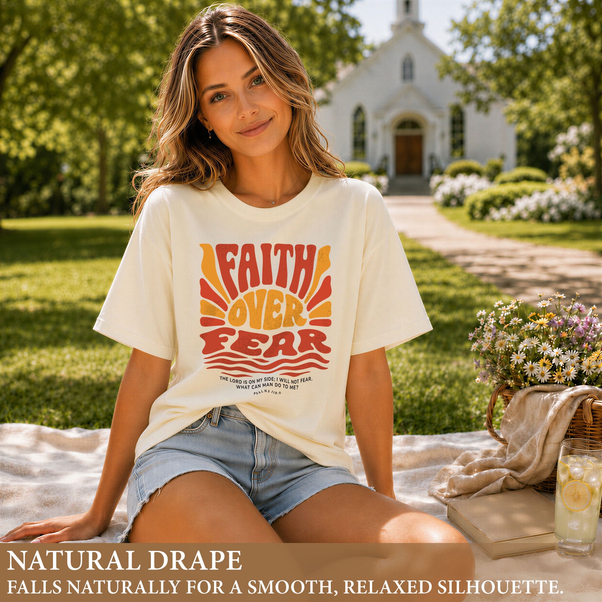 Faith Over Fear Christian Women Shirt Retro Wavy Font Graphic T-Shirt Psalms 118:6 - Rust Field Wear