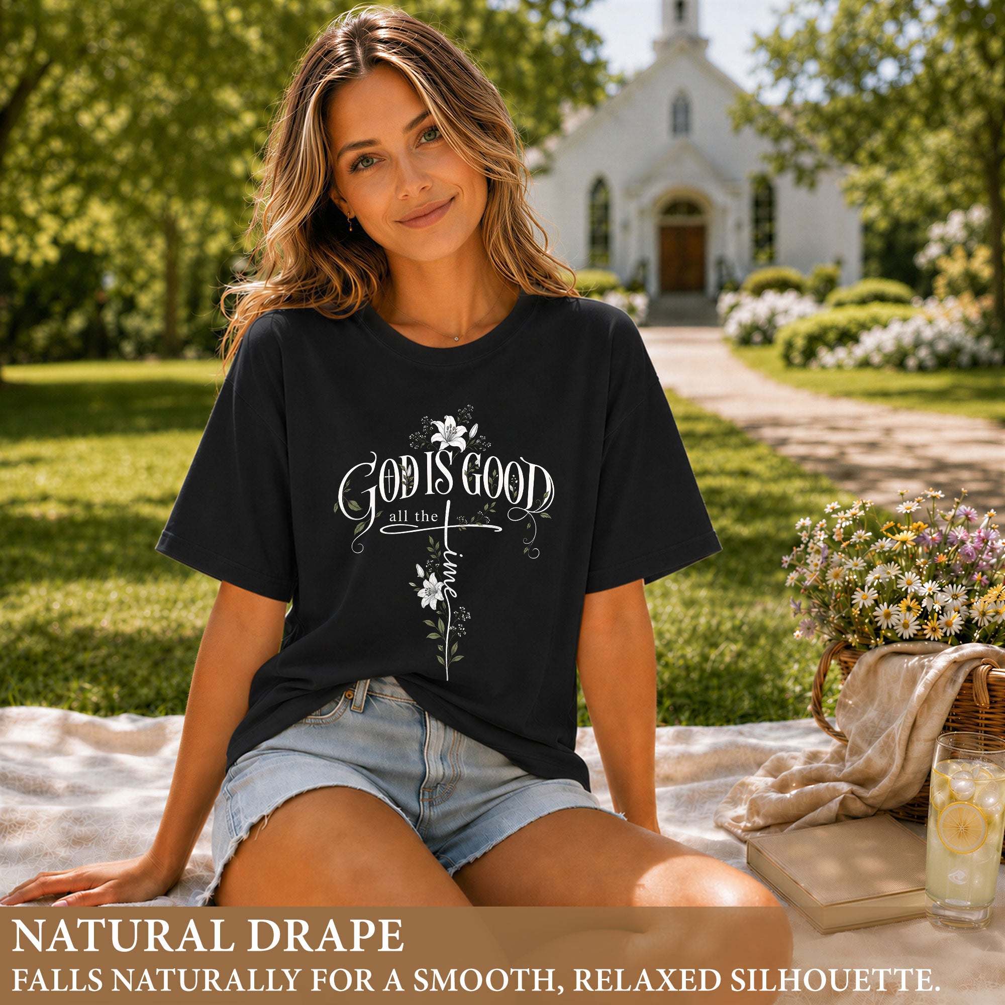 God Is Good All The Time Cross Floral Christian Graphic Casual Crewneck Tee Women