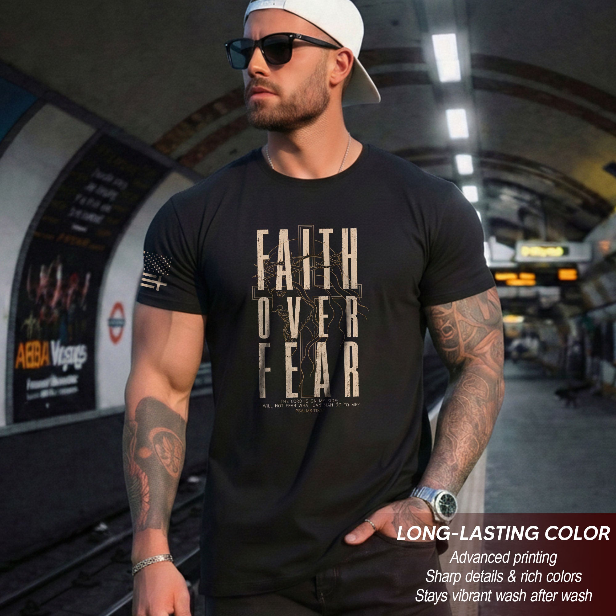 Faith Over Fear Shirt Christian Cross Crown Of Thorns Psalms 118 Patriotic US Flag Tee