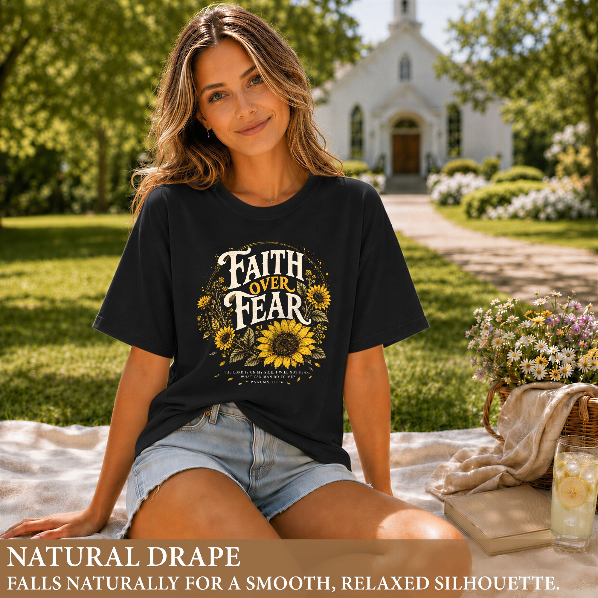 Faith Over Fear Sunflower T-Shirt Christian Verse Psalms 118:6 Floral Gift Tee