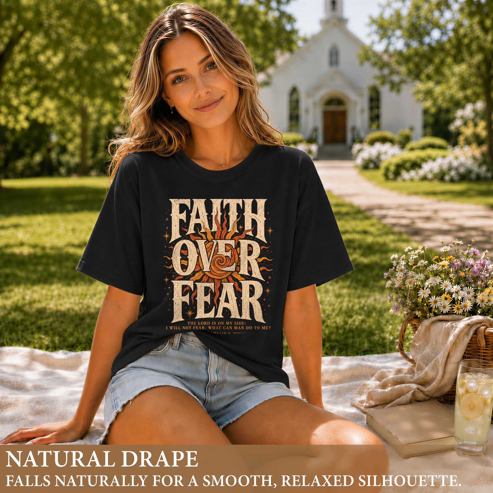 Faith Over Fear T Shirt Christian Women Big Bold Sun Psalm 118 6 Religious Tee Top