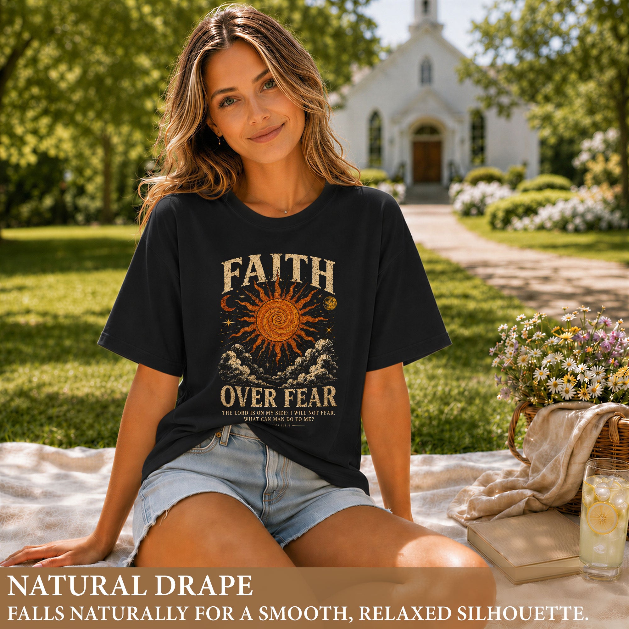 Faith Over Fear T Shirt Christian Women Sun Moon Clouds Psalm 118 6 Religious Tee