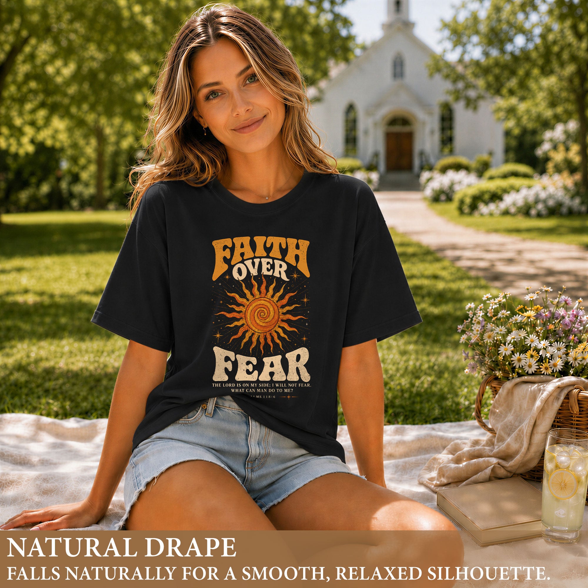Faith Over Fear T Shirt Christian Women Retro Sun Stars Psalm 118 6 Religious Tee