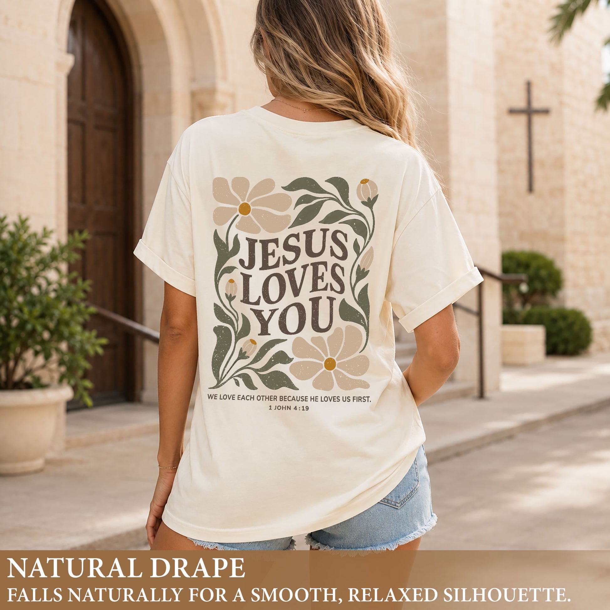 Jesus Loves You Retro Floral 1 John 4 19 Scripture Christian T Shirt Apparel Women - Rust Field Wear