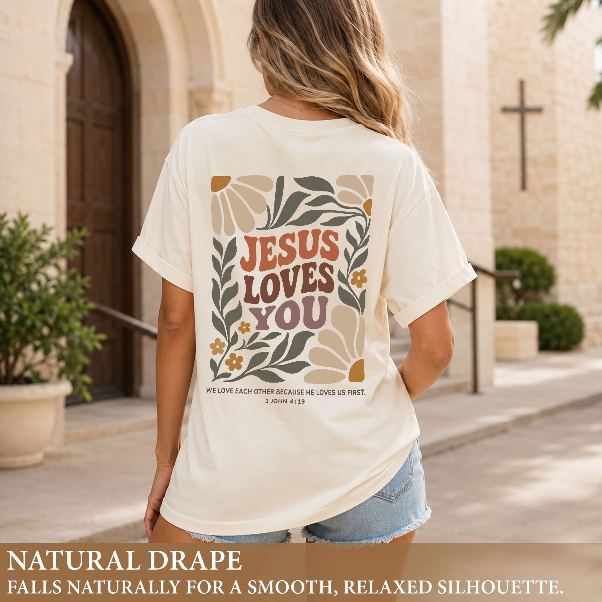 Jesus Loves You Retro Botanical Earth Tone 1 John 4 19 Christian T Shirt Apparel Women - Rust Field Wear