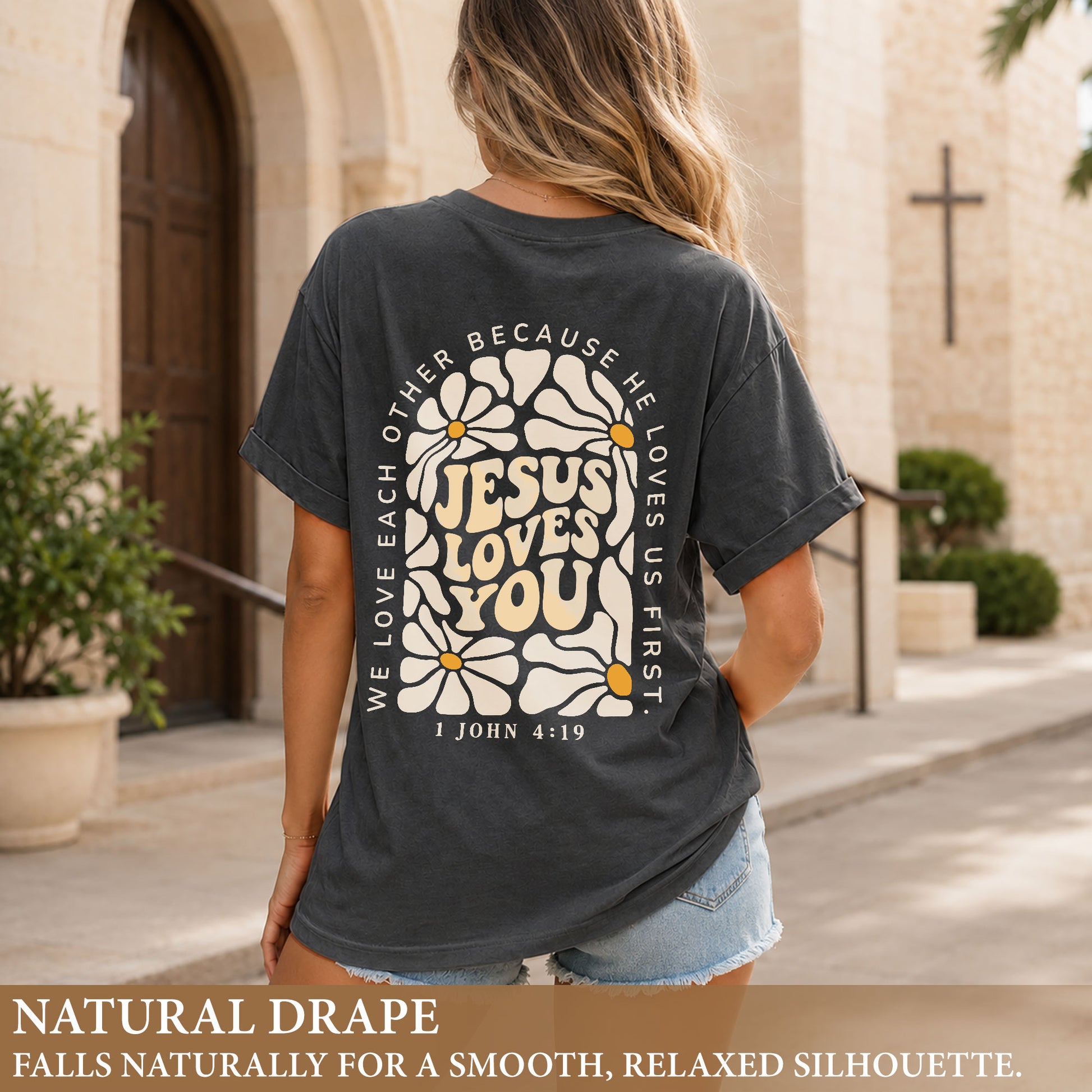 Jesus Loves You Retro Daisy Floral 1 John 4 19 Scripture Christian T Shirt Apparel Women - Rust Field Wear