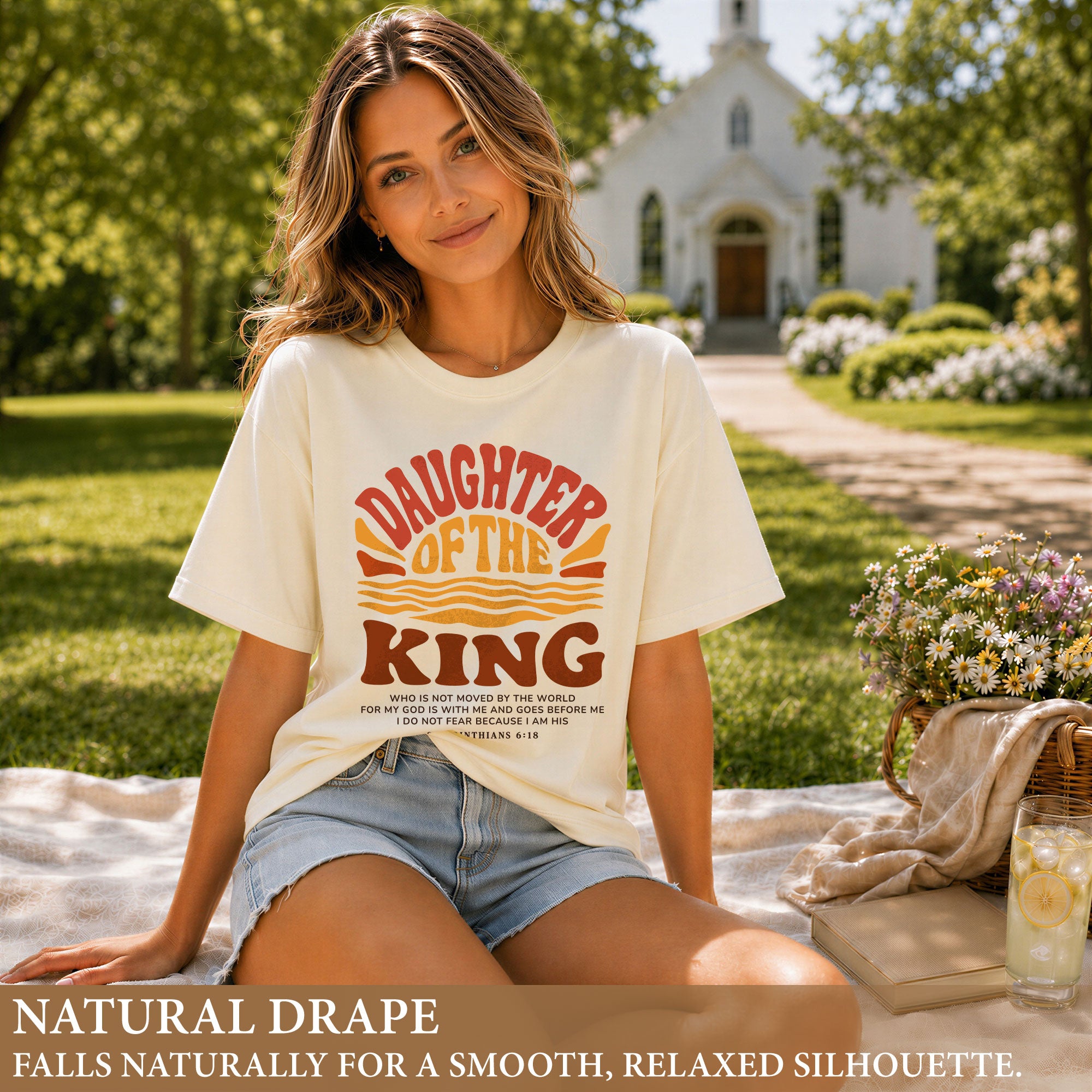 Daughter Of The King Retro Sunset Waves 2 Corinthians 6 18 Christian T Shirt Women