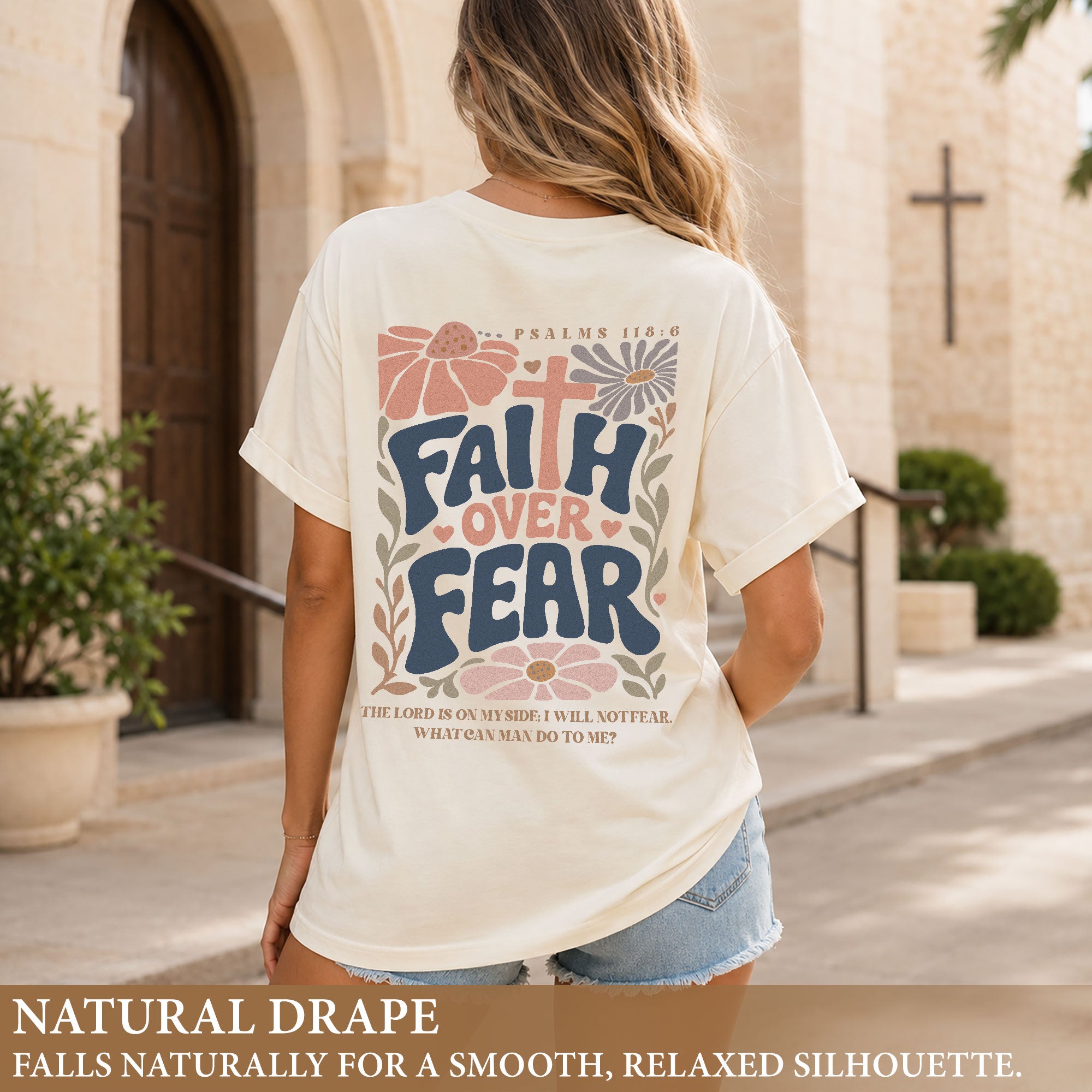 Faith Over Fear Shirt Christian Women Floral Cross Shirt Retro Psalm 118 Bible Verse Tee