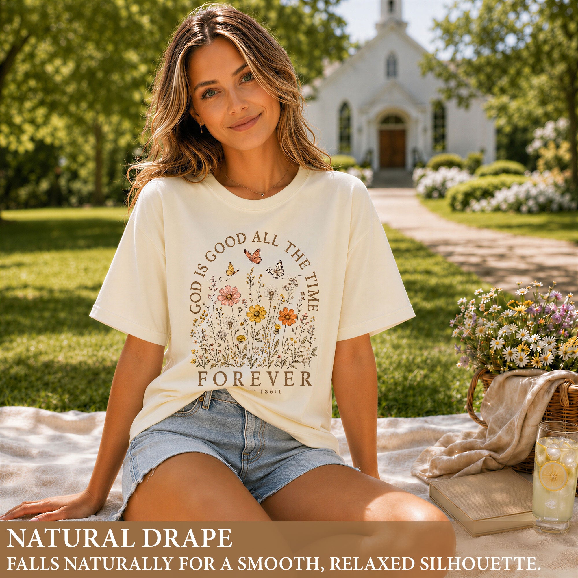 God Is Good All The Time Shirt Wildflower Butterfly Christian Psalms 136 1 Graphic Tee