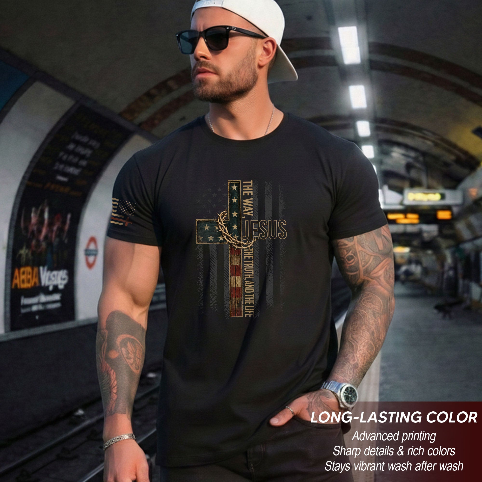Jesus The Way The Truth And The Life American Flag Cross Crown Of Thorns T Shirt Men