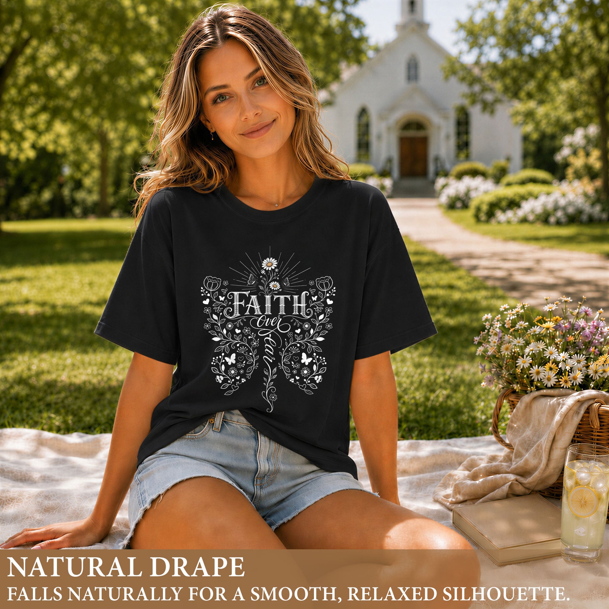 Faith Over Fear Butterfly Floral Christian Graphic Casual Crewneck Tee Shirt Women