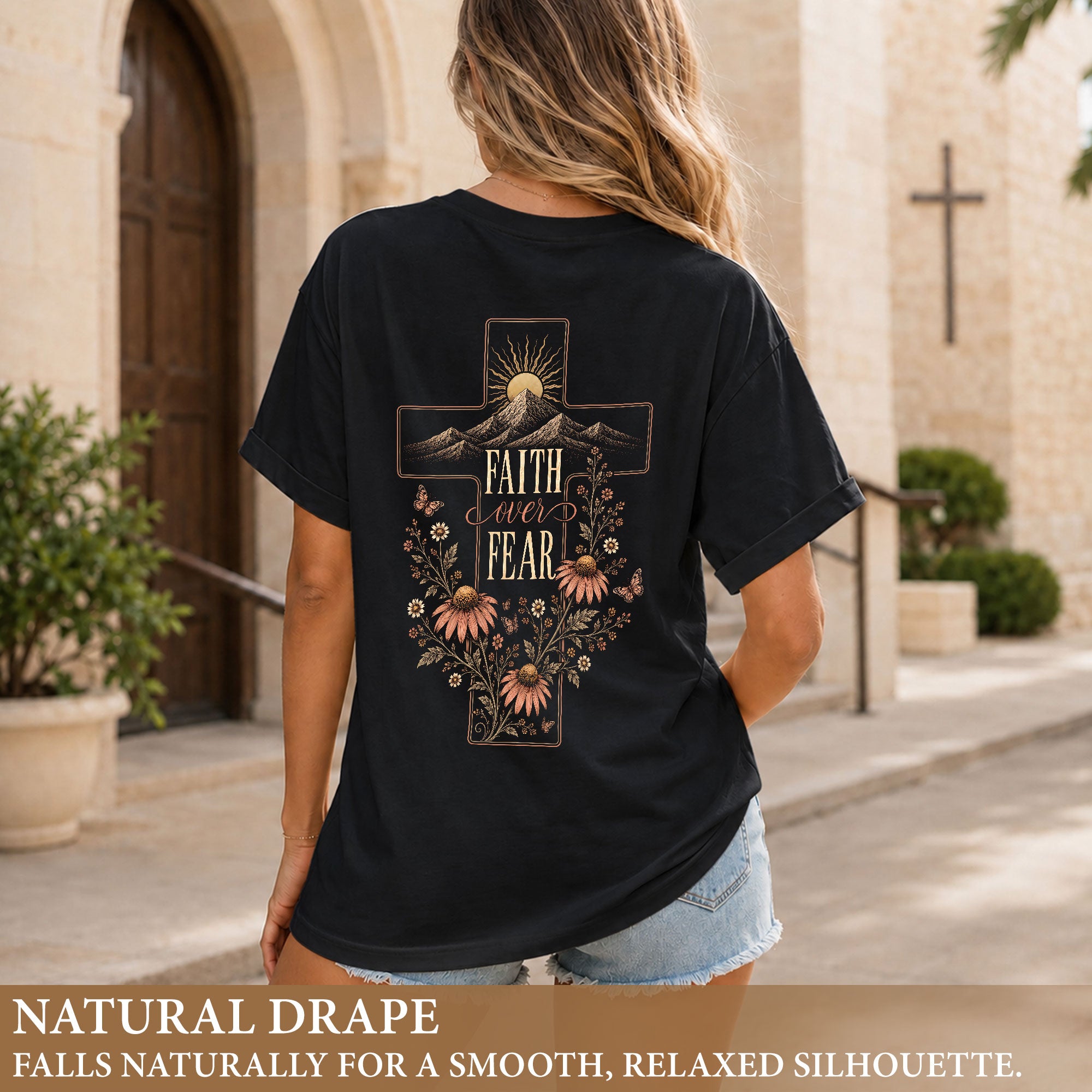 Faith Over Fear Mountain Cross Floral Christian Graphic Casual Crewneck Tee Women
