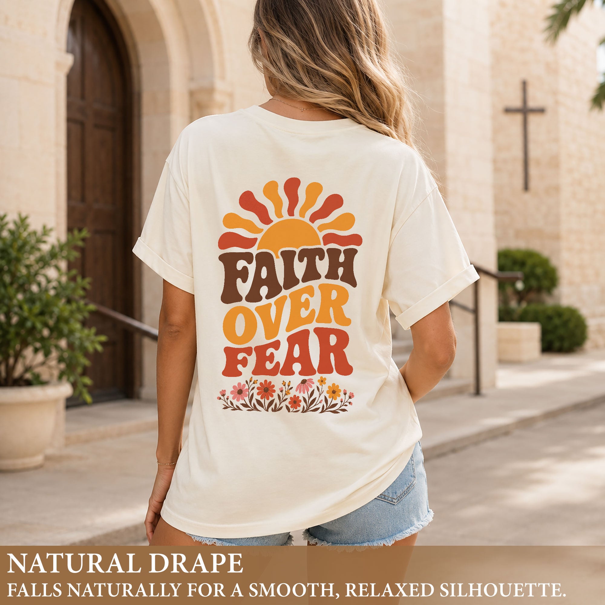 Faith Over Fear Retro Sun Floral Christian Graphic Casual Crewneck Tee Shirt Women