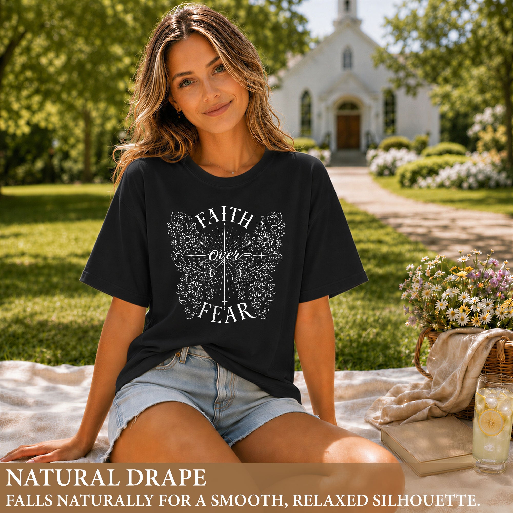 Faith Over Fear Shirt Christian Women Butterfly Floral Line Art Shirt Cross Jesus Graphic Tee