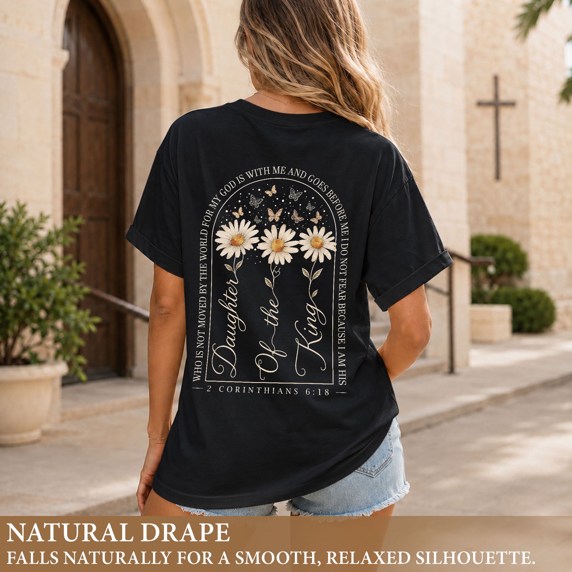 Daughter Of The King Daisy Butterfly Christian Graphic Everyday Tee Shirt For Women