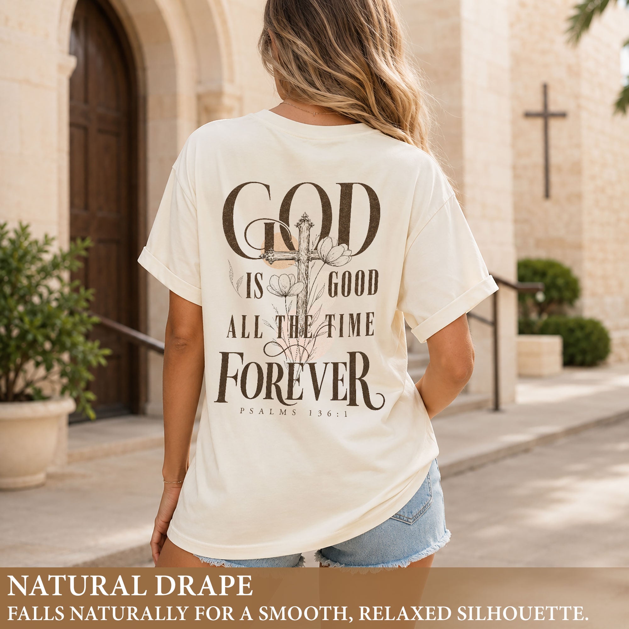 God Is Good Shirt Women Floral Cross Christian T-Shirt Faith Psalms 136 Scripture Tee