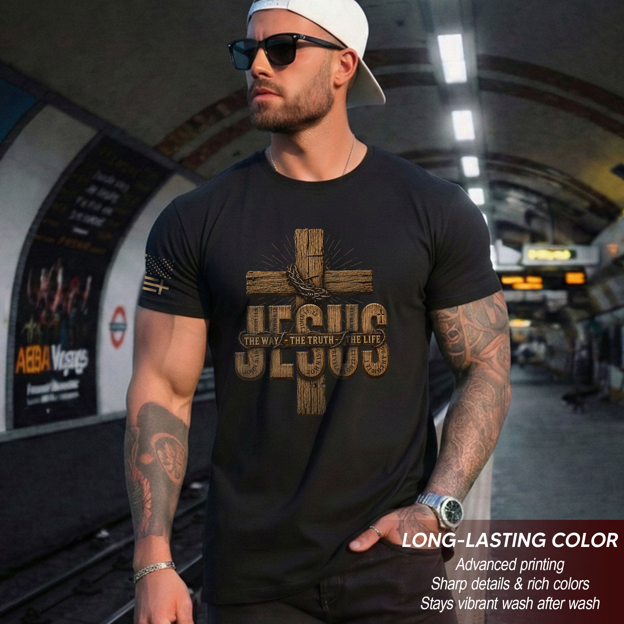 Jesus The Way The Truth The Life Wooden Cross Scripture Christian Graphic Tee Men